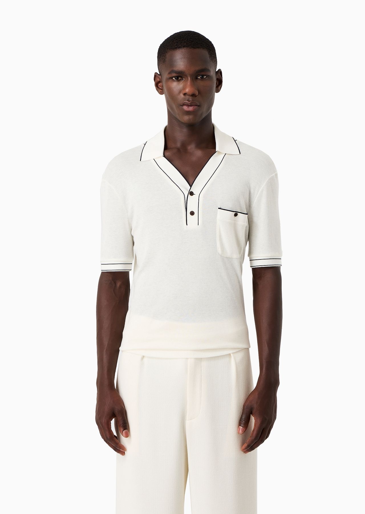 Short-sleeved ribbed polo shirt in viscose and wool - 2