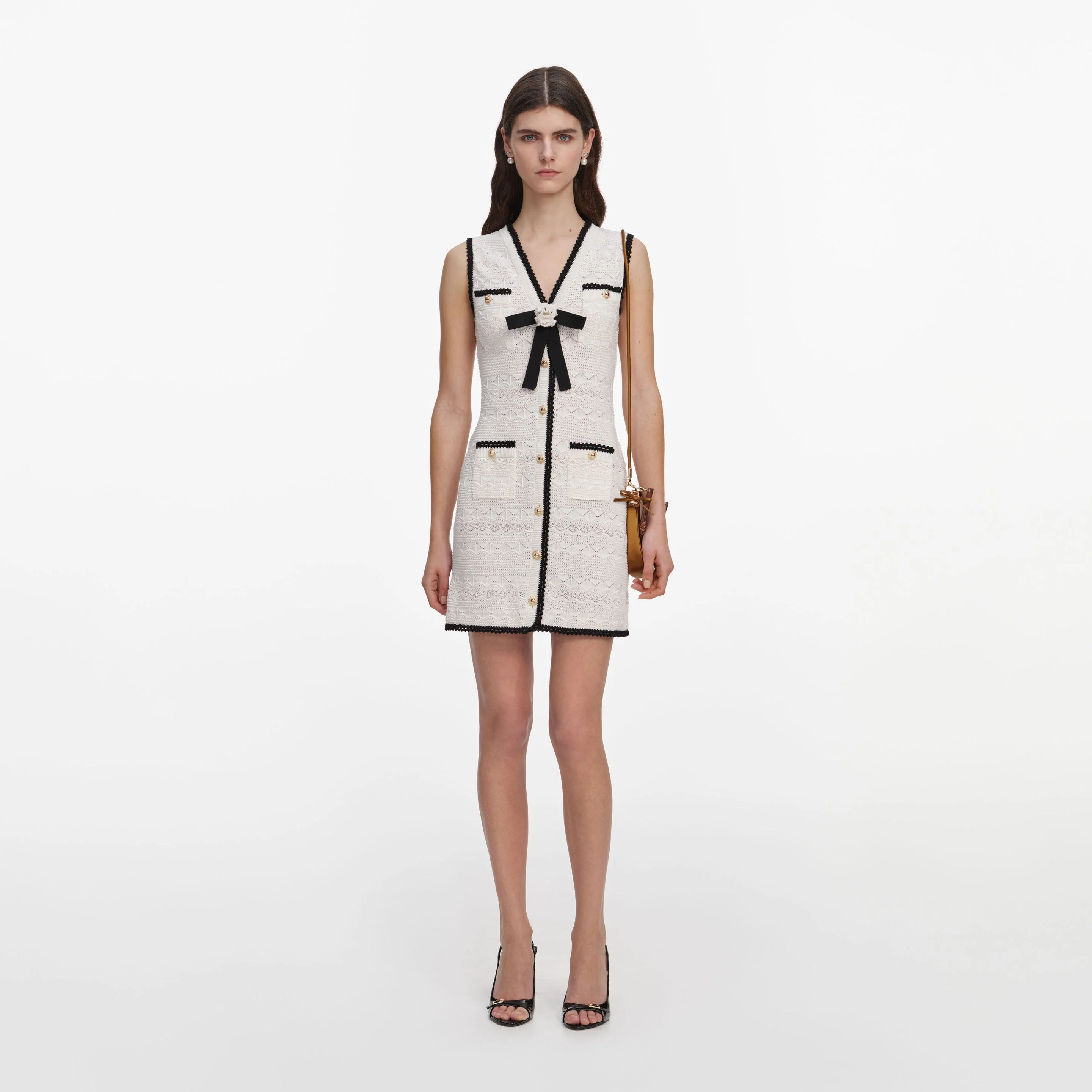 White Pointelle Knit Mini Dress - 1