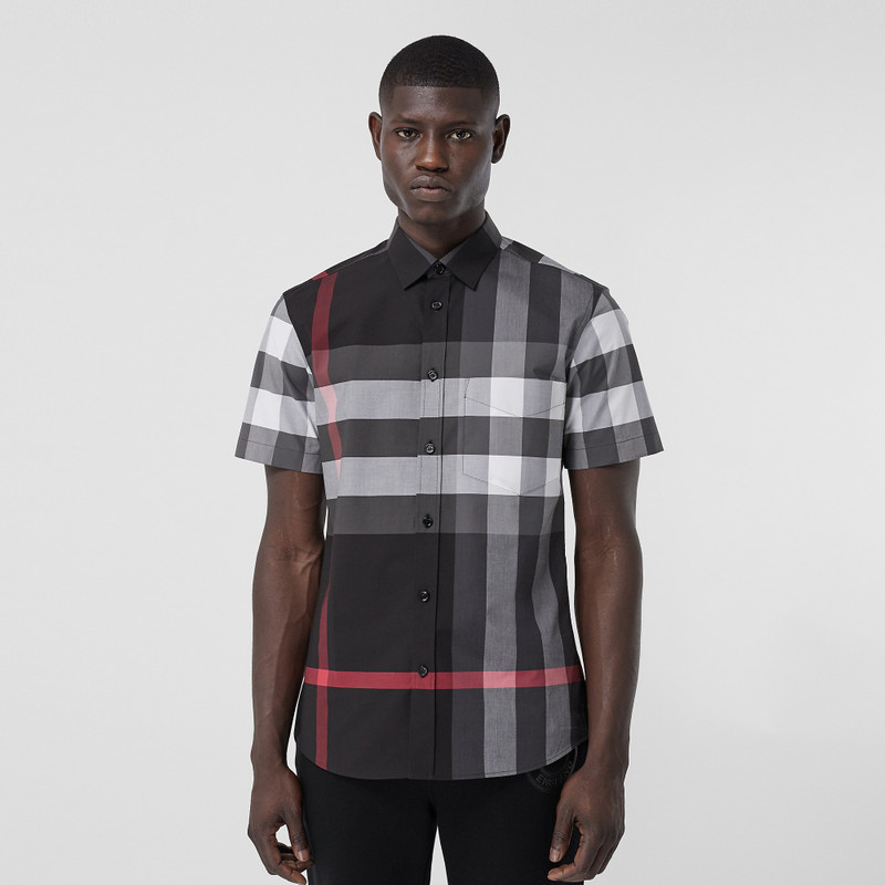 Short-sleeve Check Stretch Cotton Poplin Shirt 4