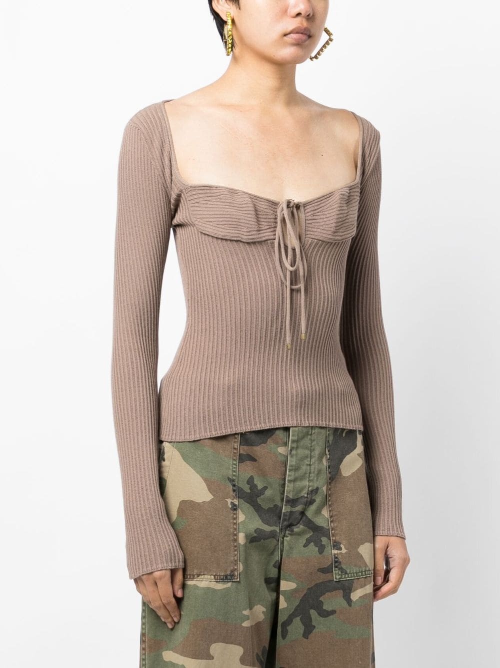 ribbed-knit tie-neck sweatshirt - 3
