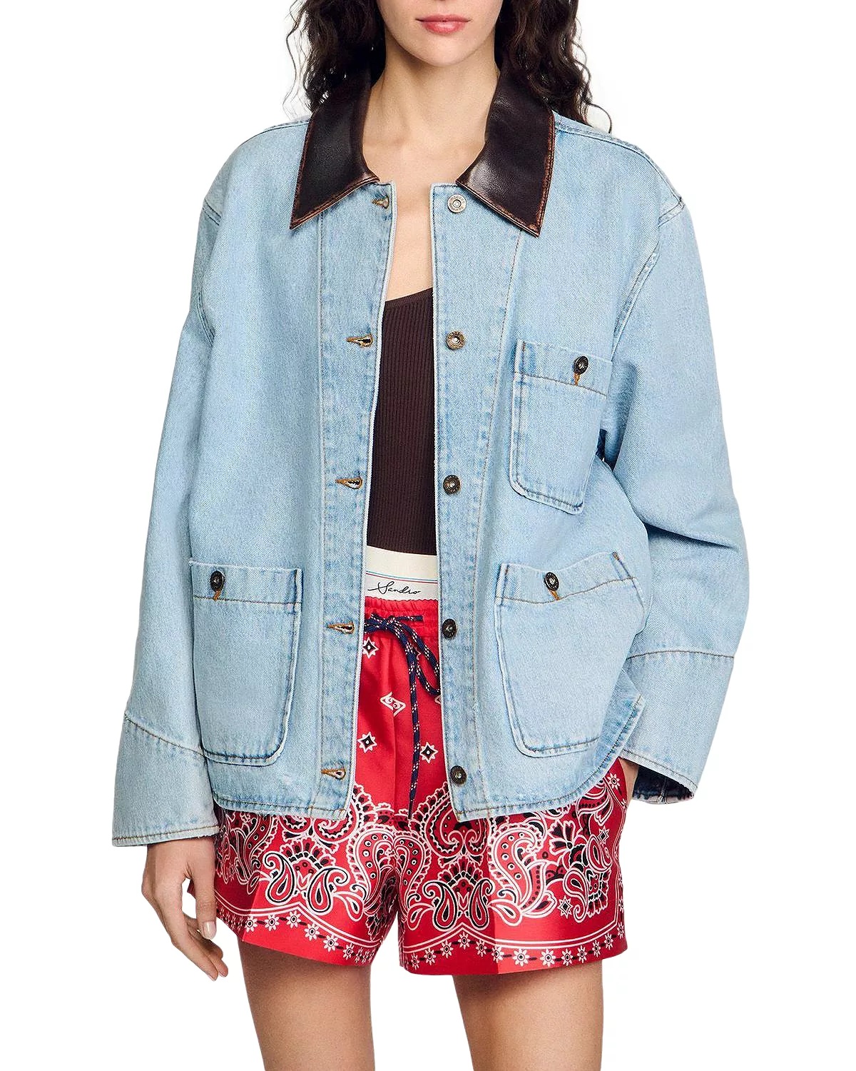 Leather Collar Denim Jacket - 1