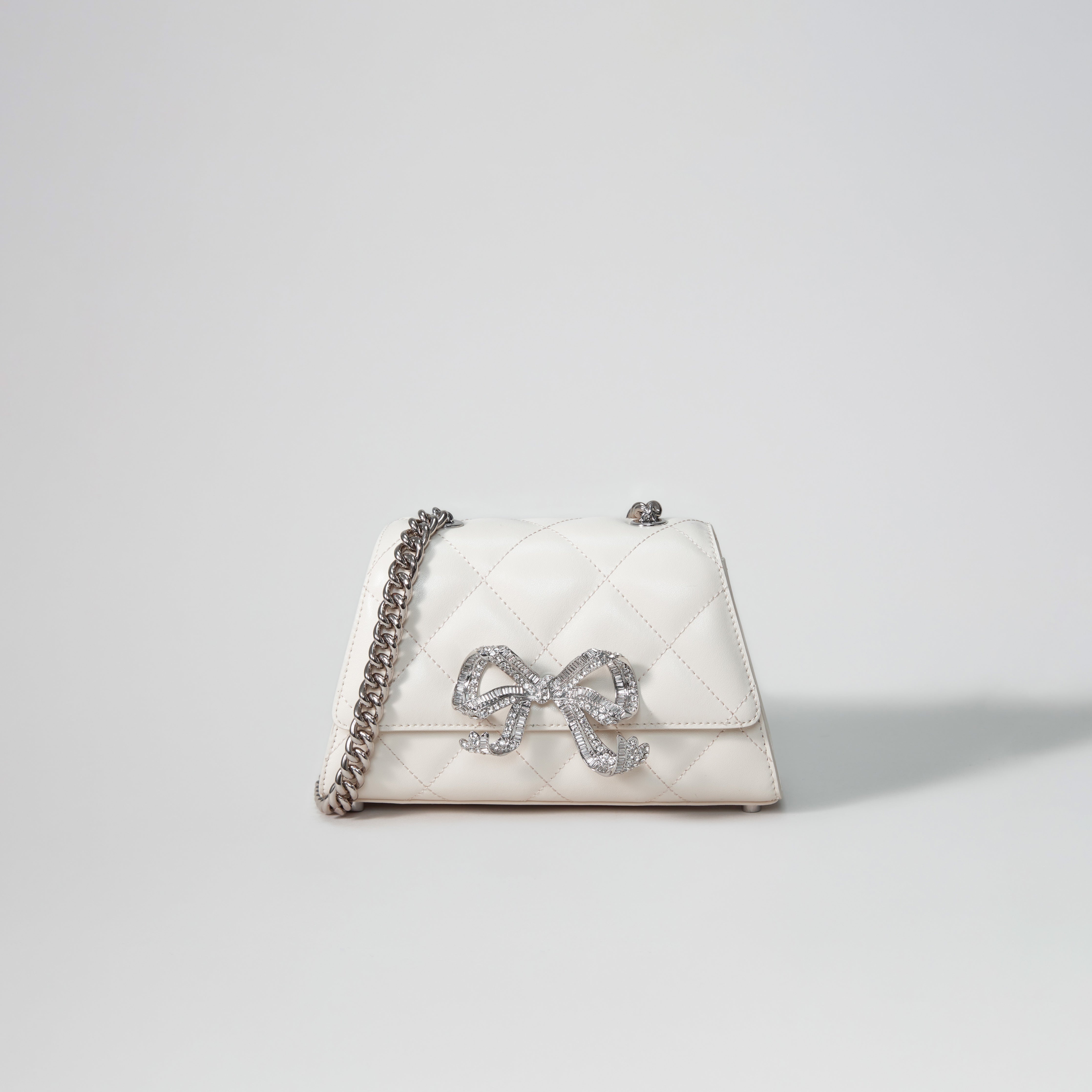 Cream Quilted Shoulder Mini Bow Bag - 1