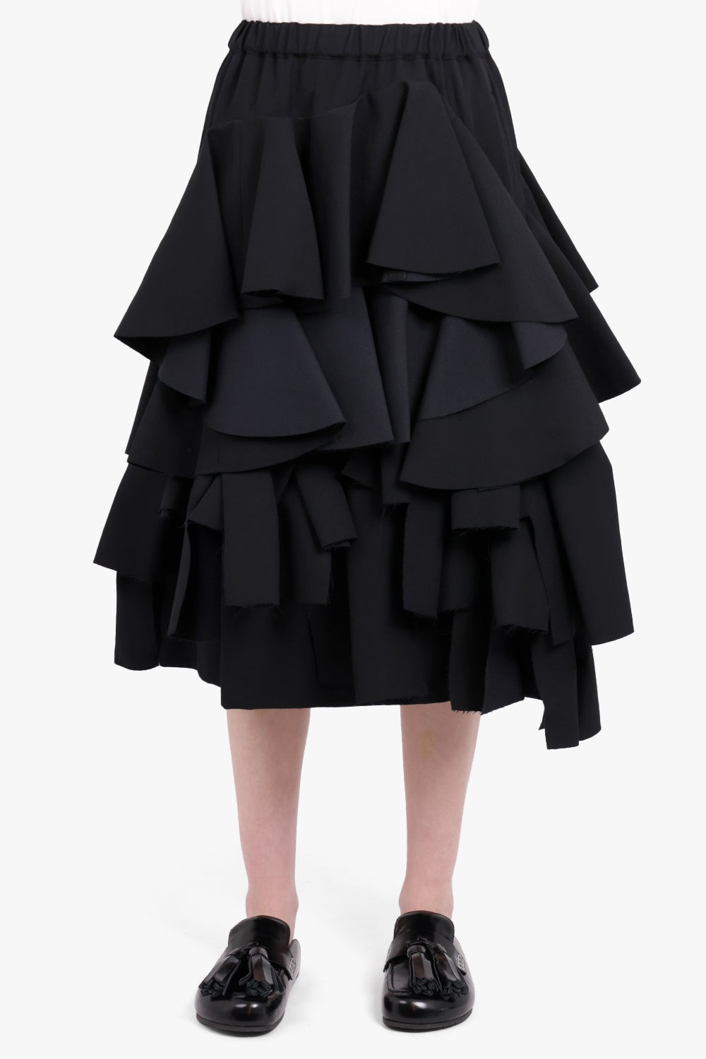 ASYMMETRIC CONTRAST RUFFLE MIDI SKIRT | BLACK - 3