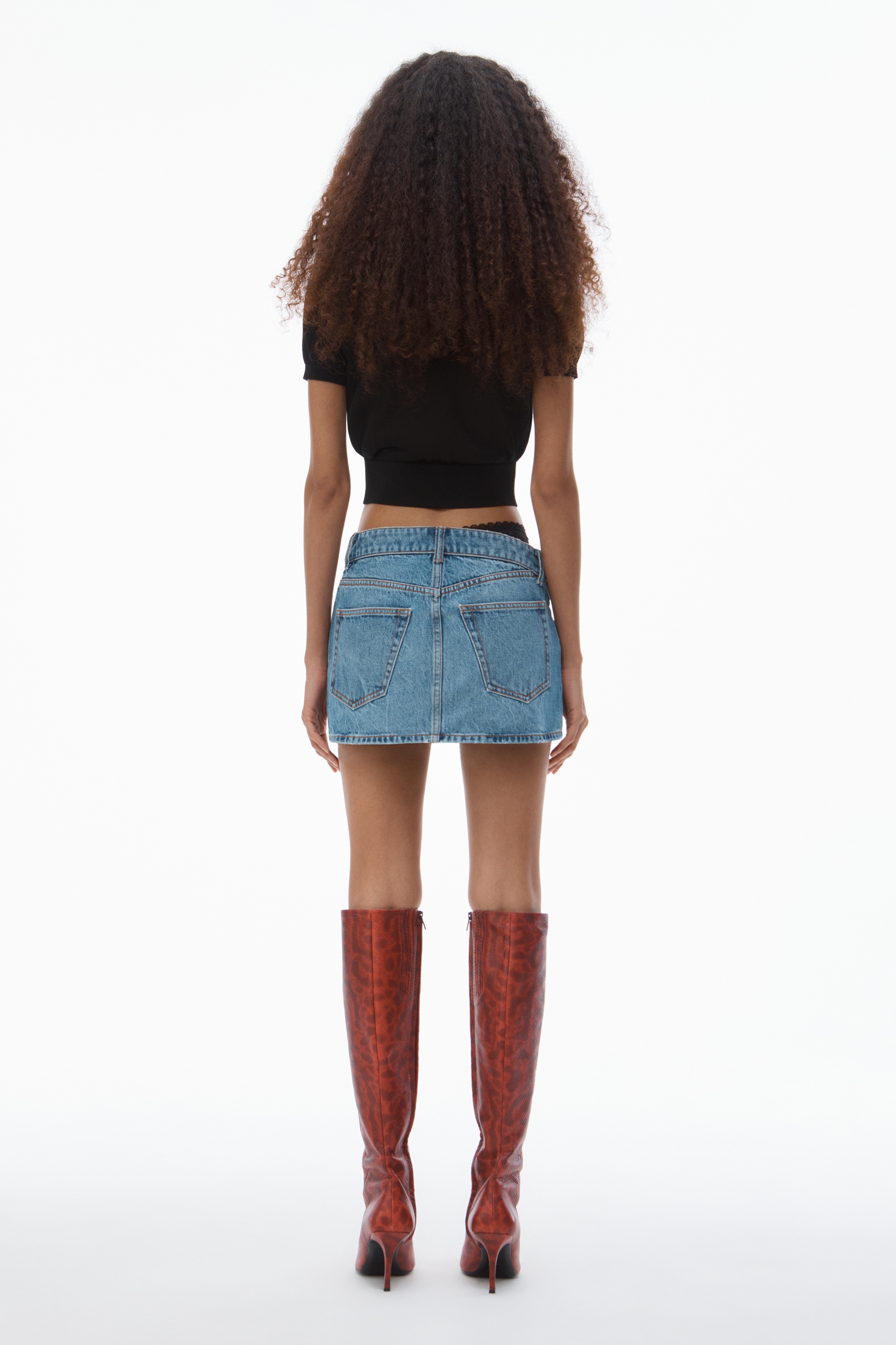 Pre-Styled Denim Skirt with Asymmetrical Lace Waistband - 5