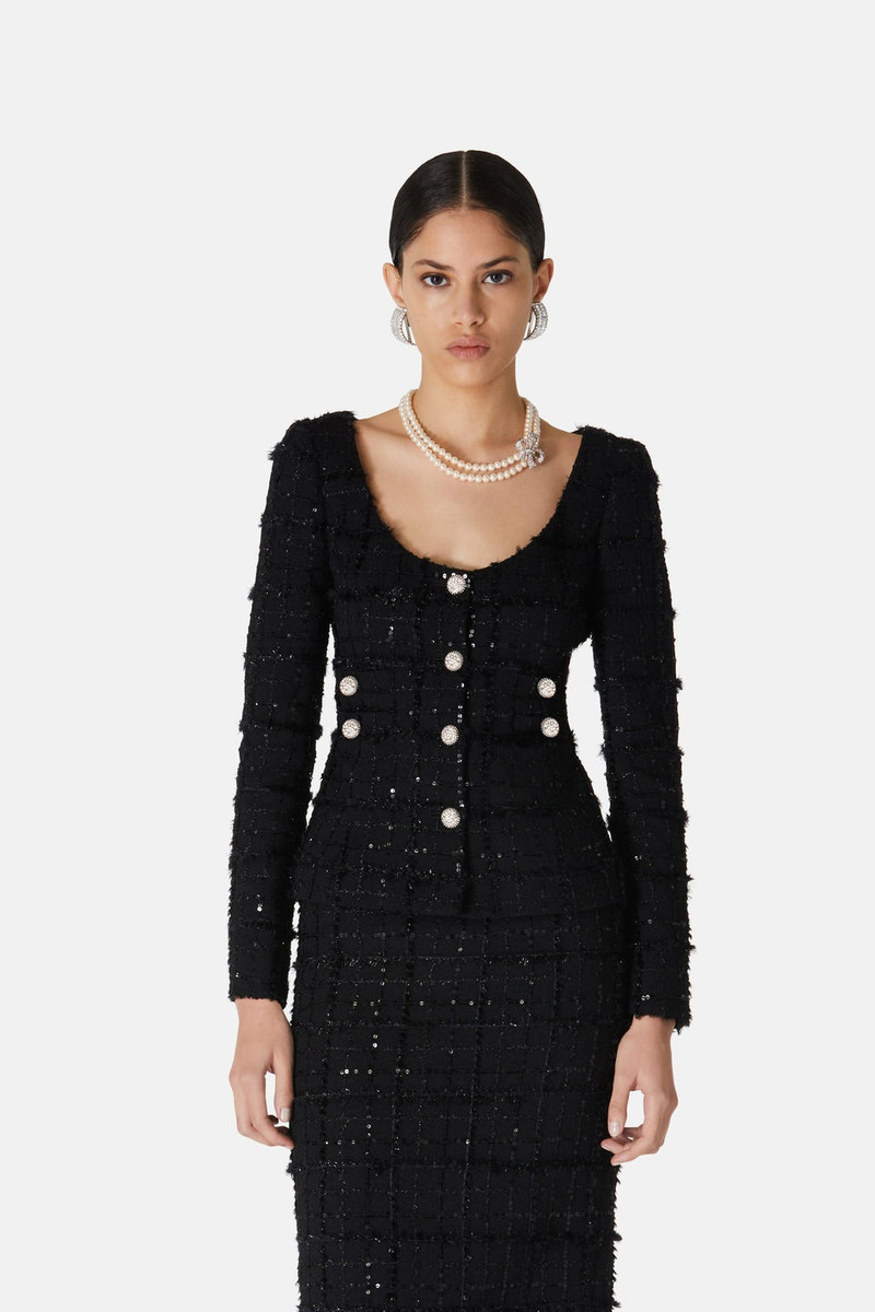 SEQUIN CHECKED TWEED ROUND NECK JACKET 6