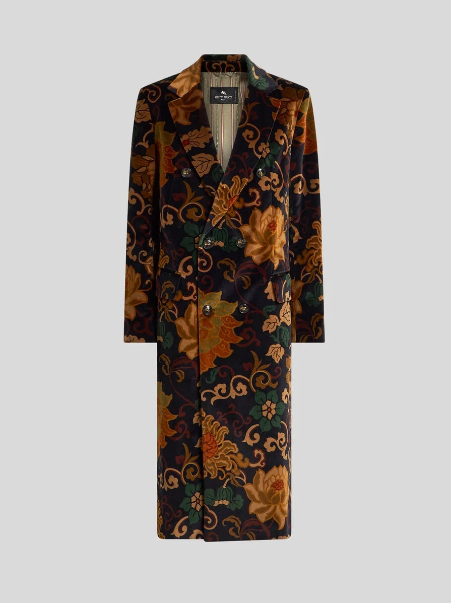 DOUBLE-BREASTED VELVET COAT WITH PLACED FLORAL PRINT - 1