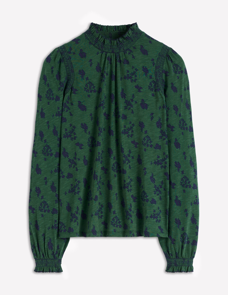 Tia Smocked Neck Jersey Top-Dark Green, Dainty Meadow 1