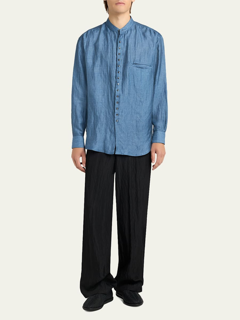 GIORGIO ARMANI Men's Linen and Nylon Band Collar Button-Down Shirt outlook