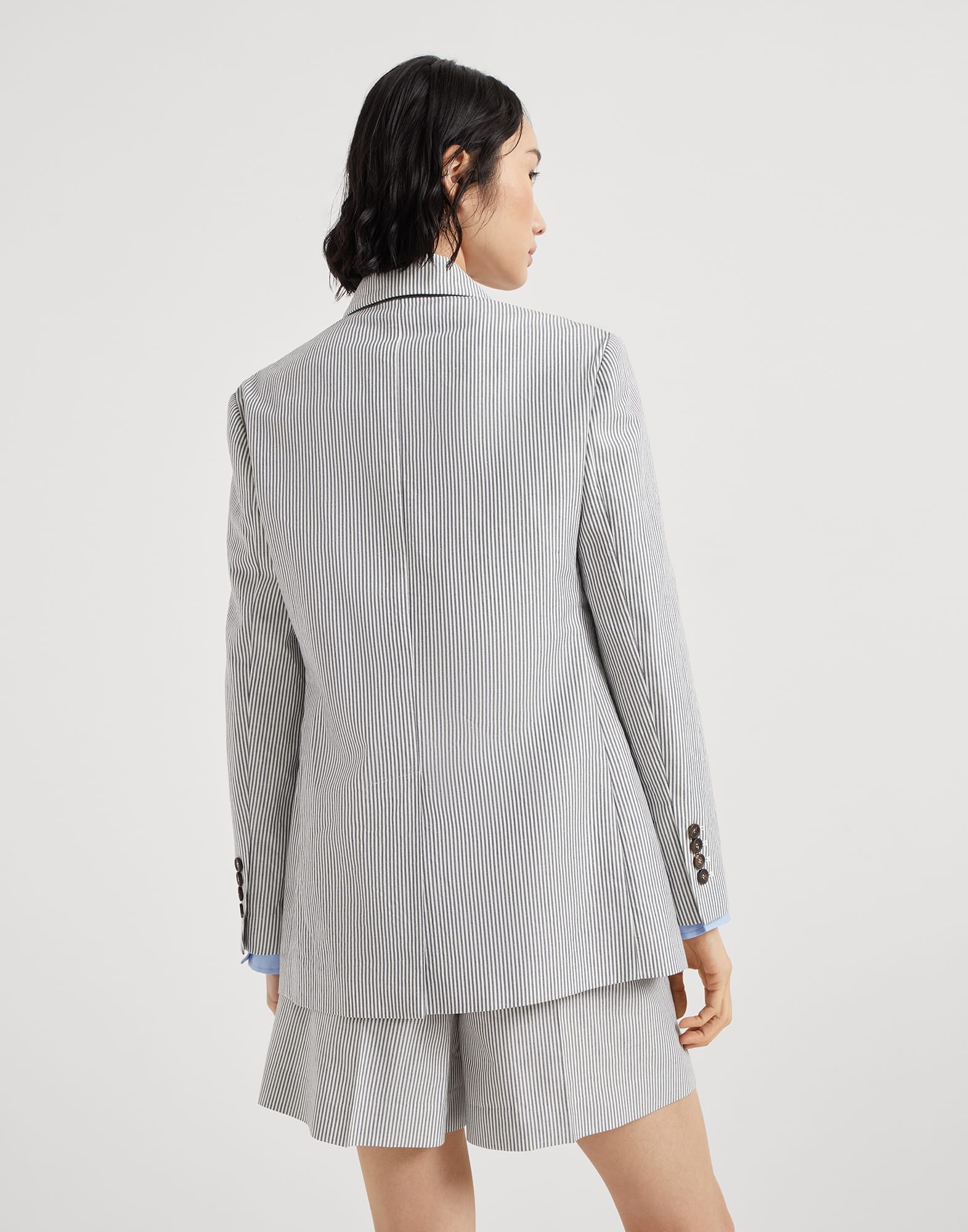 Striped cotton and linen twill blazer with monili - 2