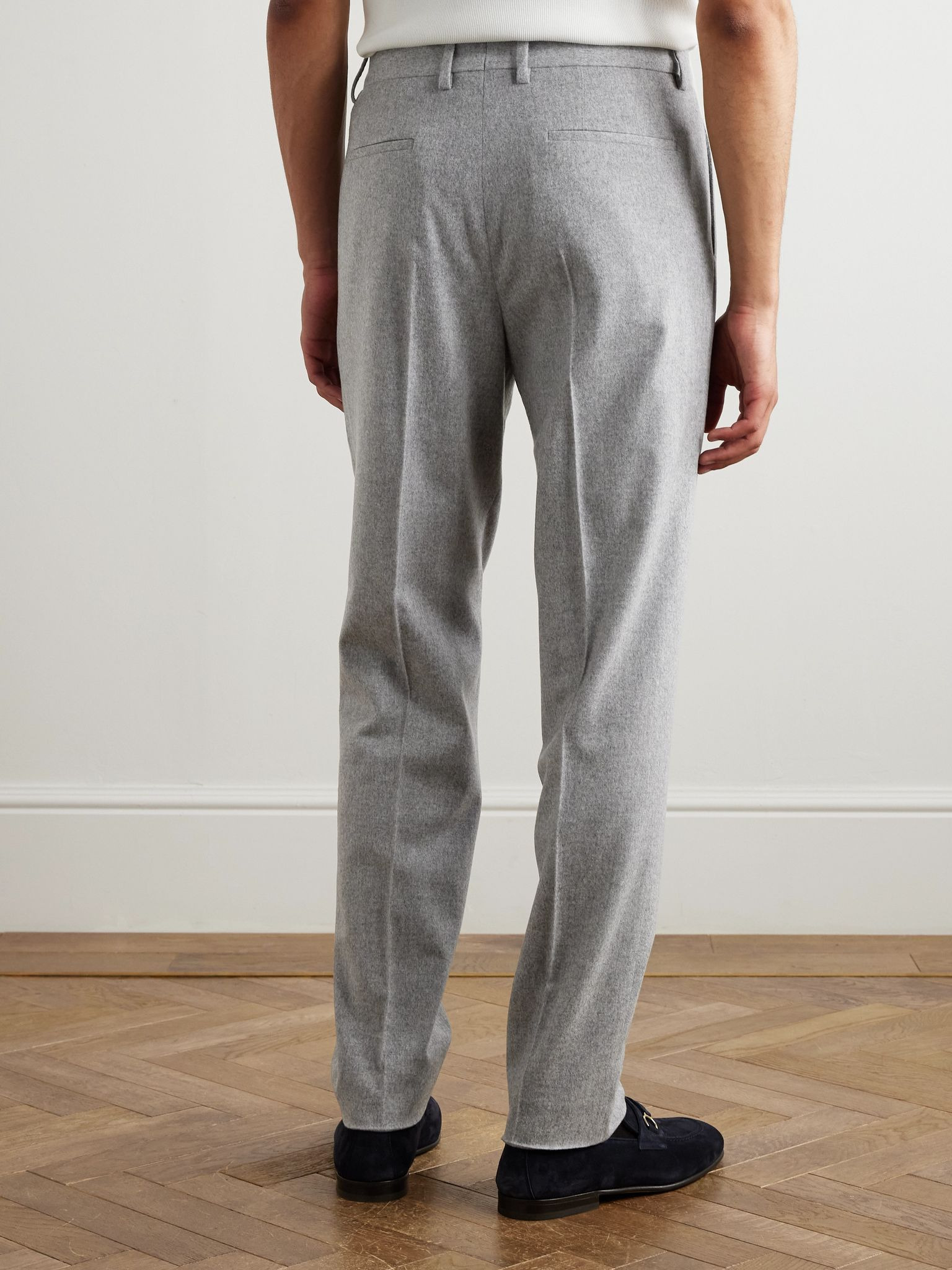 Straight-Leg Pleated Cotton and Cashmere-Blend Suit Trousers Gray - 4
