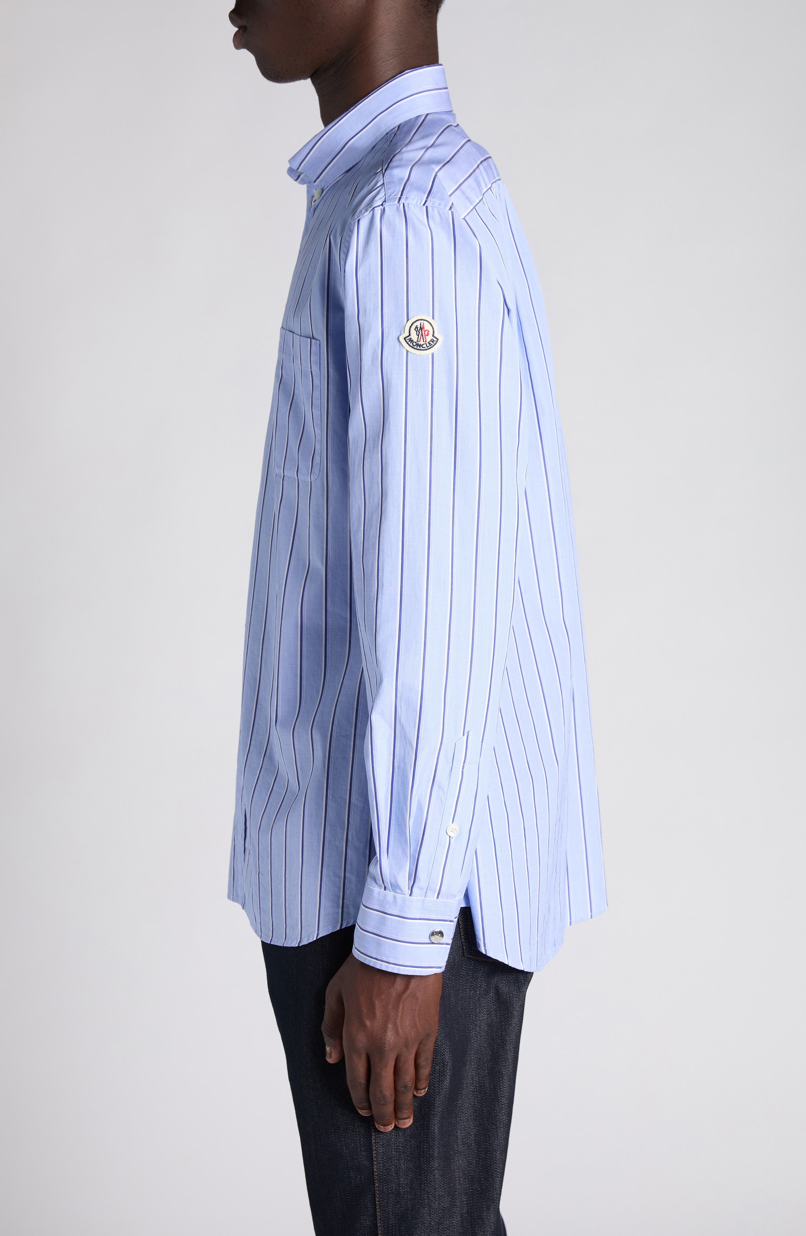 Moncler Logo Patch Stripe Cotton Poplin Button-Down Shirt in Light Blue at Nordstrom - 4
