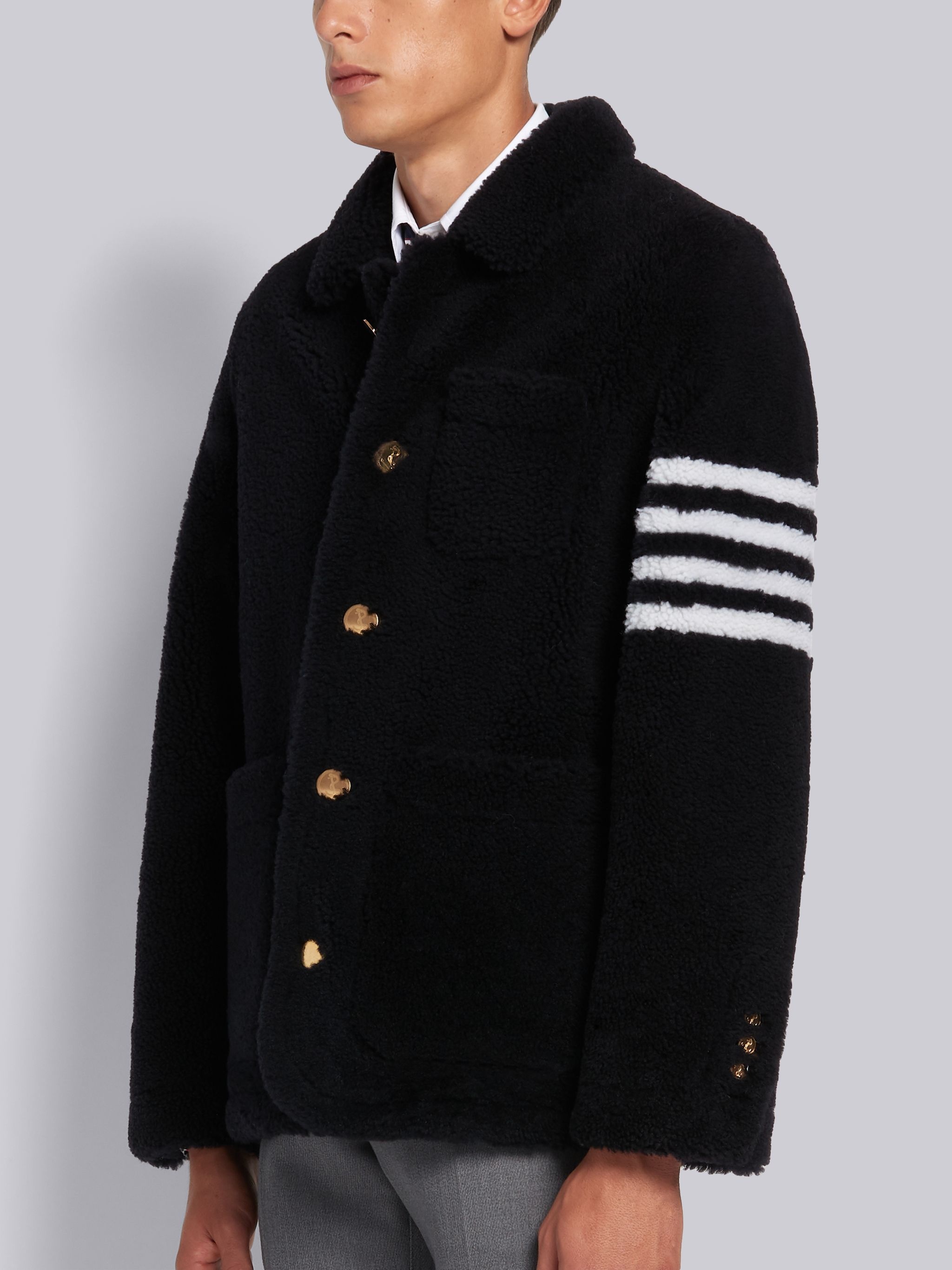 Navy Dyed Shearling Round Collar 4-Bar Sack Jacket - 2