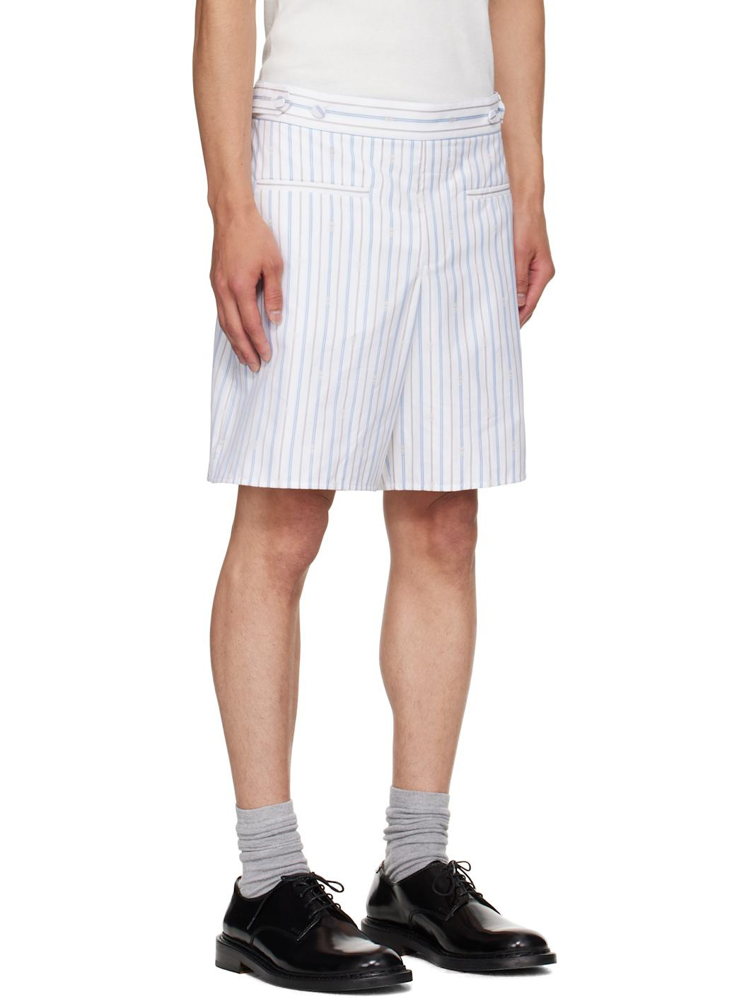 White & Blue Skull Stripe Shorts - 2