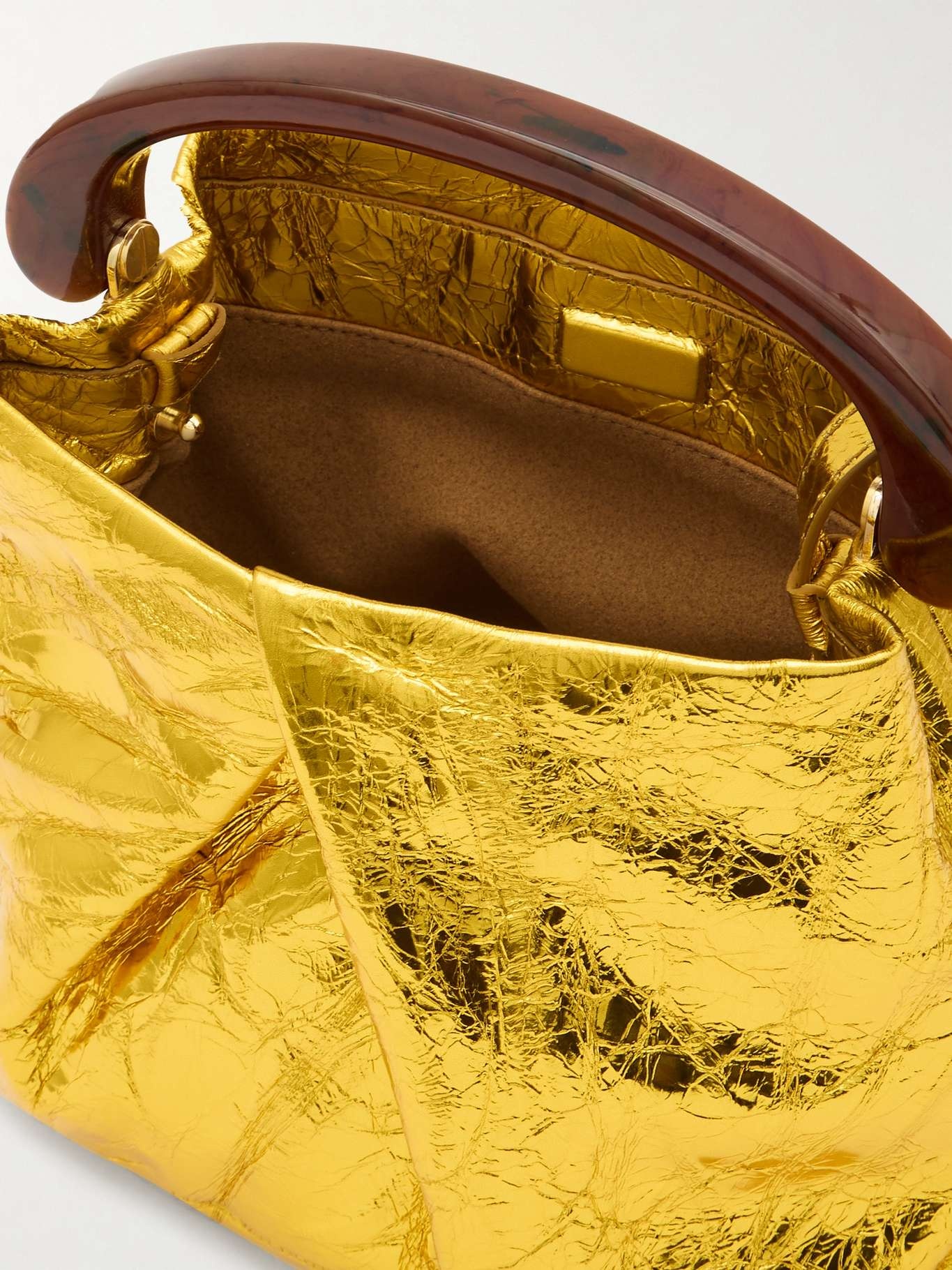 Dries Van Noten Gathered metallic textured-leather tote Gold