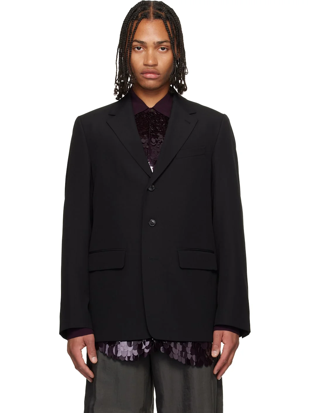 Black Notched Lapel Blazer - 1