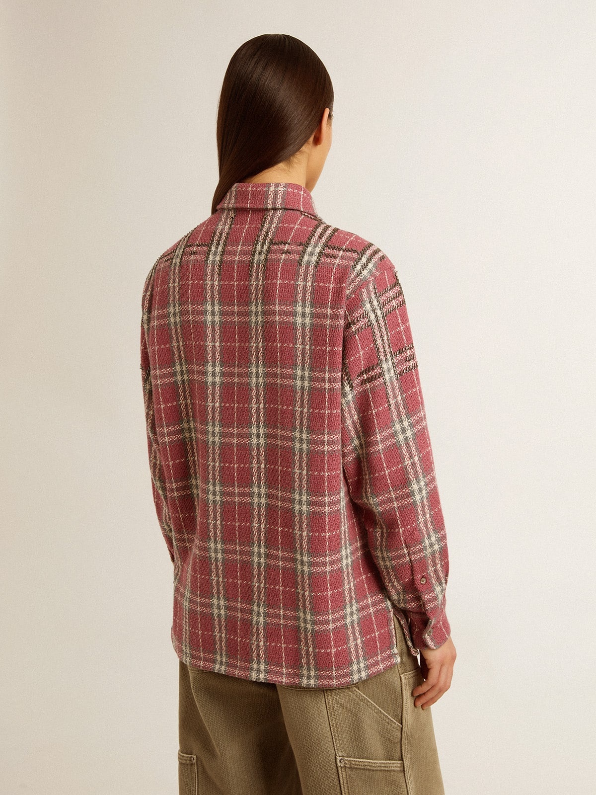 Women's shirt with pink, sand and gray check embroidery - 5