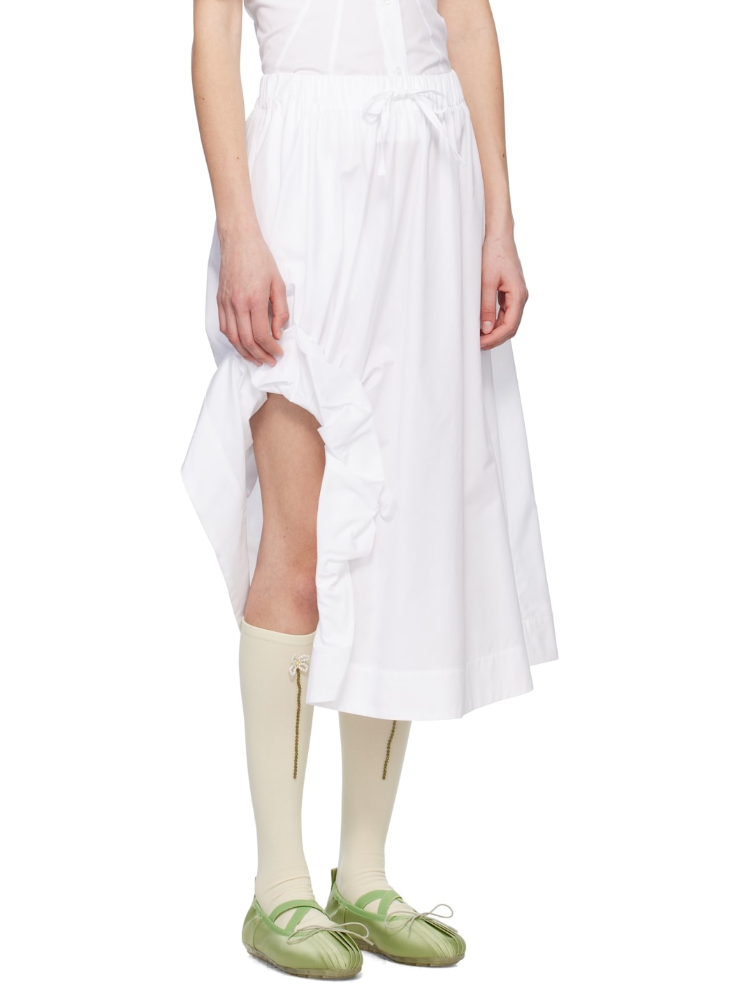 White Gathered Slit Midi Skirt - 2