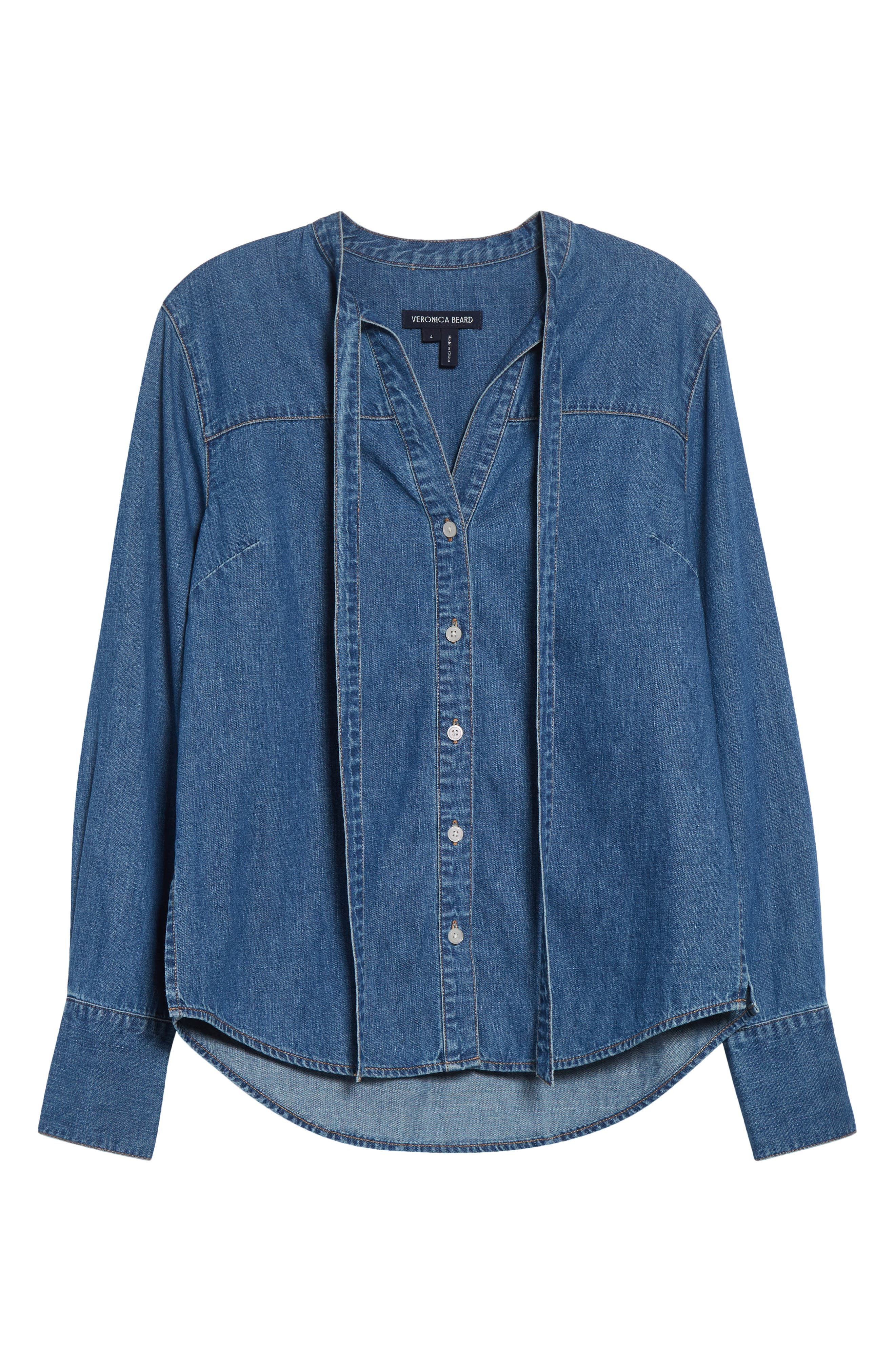 Veronica Beard Gabby Tie Neck Button-Up Denim Shirt in Serendipity at Nordstrom - 6