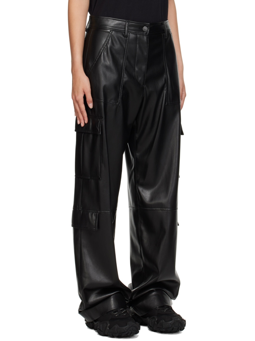 Black Cargo Pockets Faux-Leather Trousers - 2