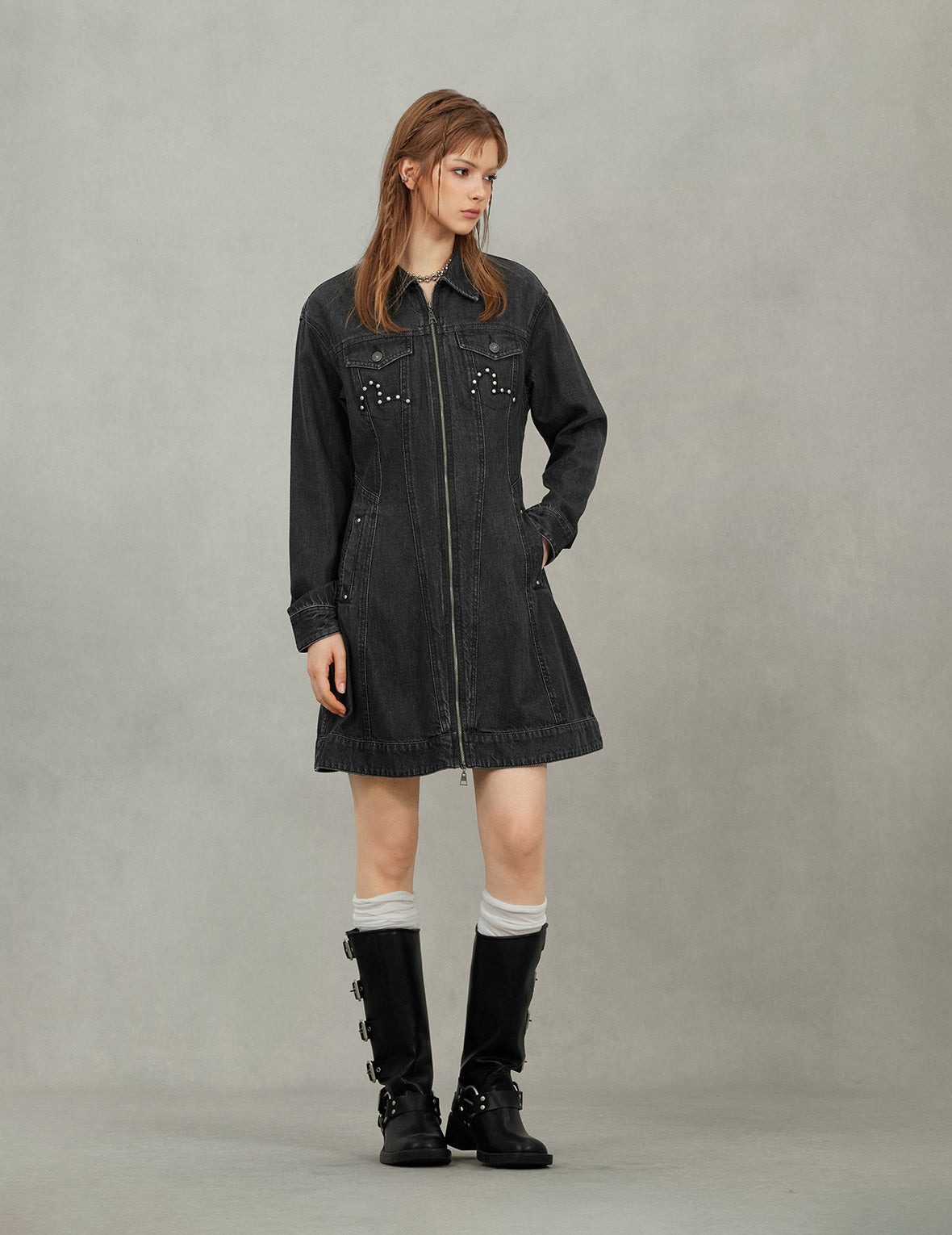 Seagull Embroidery with Studs Fashion Fit Denim Zipper Dress - 7
