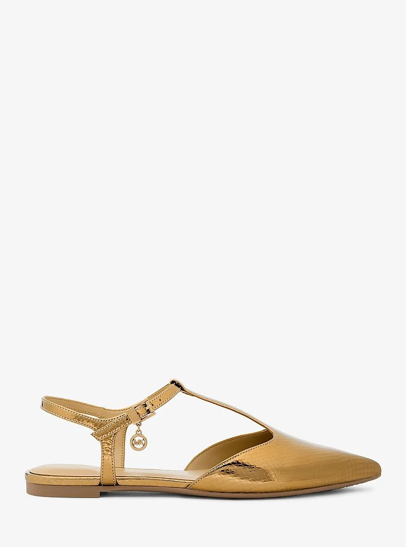 Cherie Snake Embossed Metallic Leather T-Strap Flat - 1