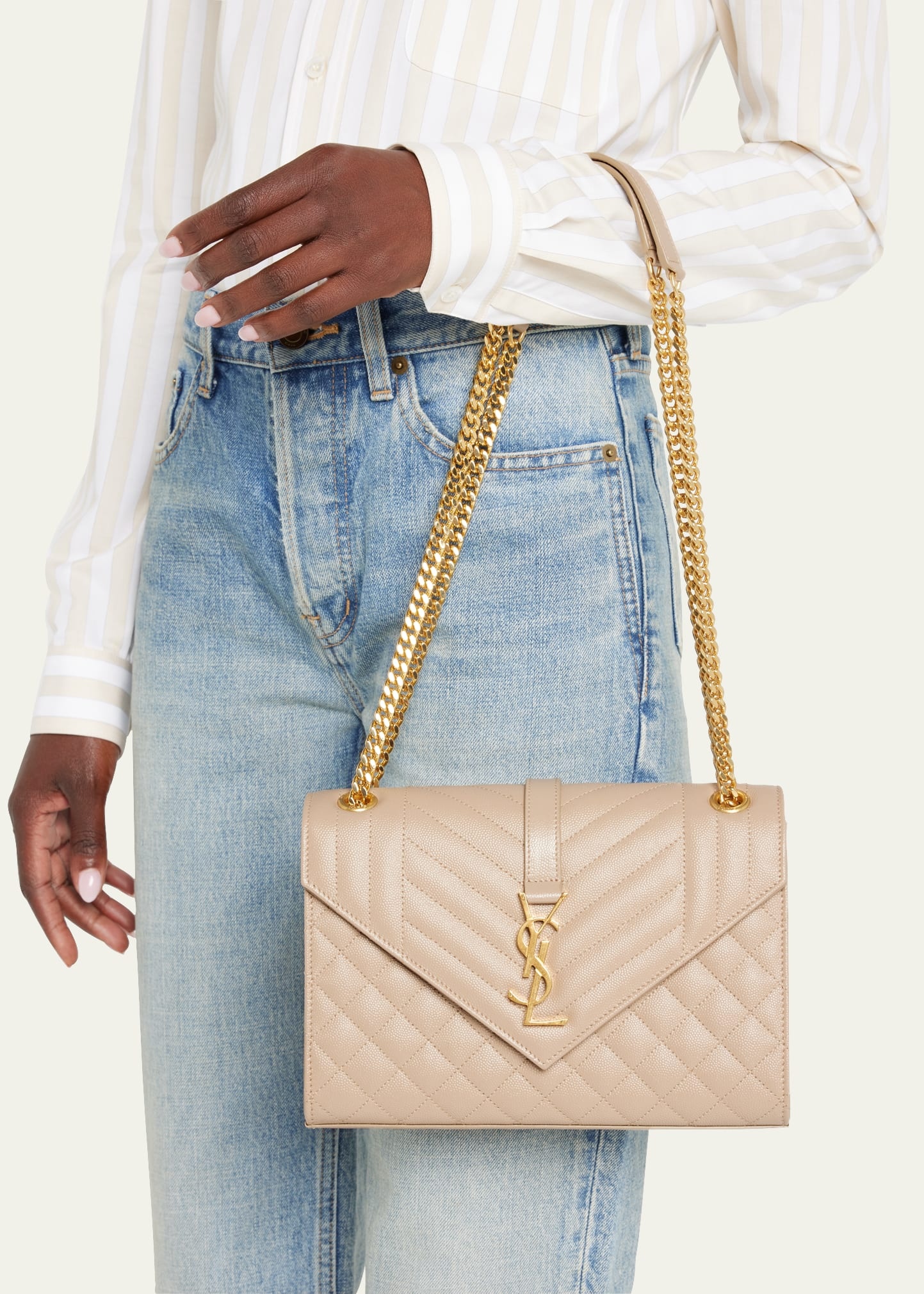 Medium Tri-Quilted Matelasse Grain de Poudre Flap Shoulder Bag, Golden Hardware - 2