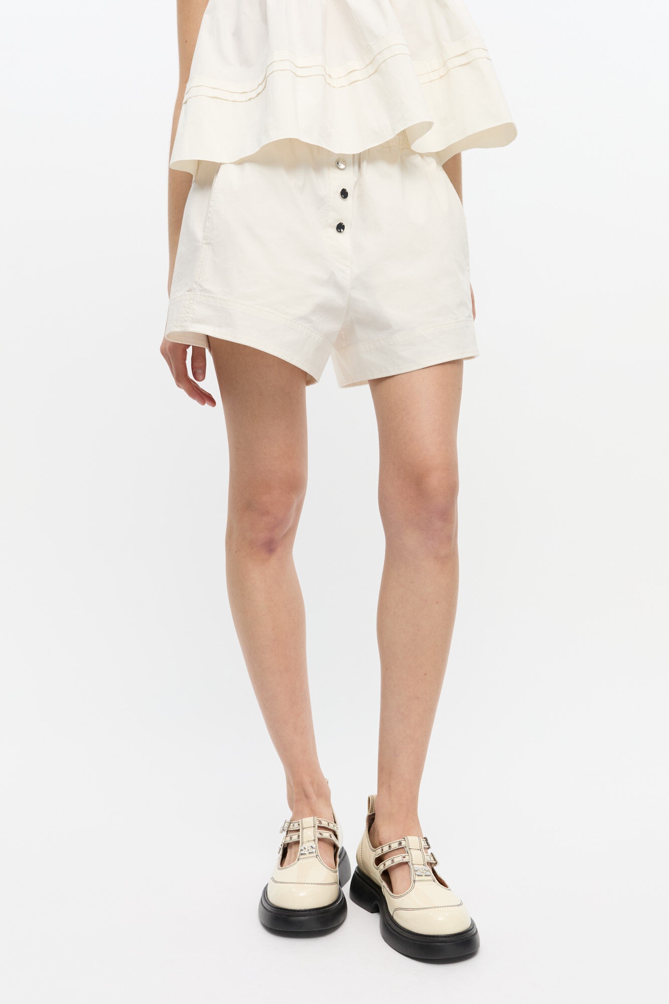 WHITE STRETCH COTTON ELASTICATED SHORTS - 3