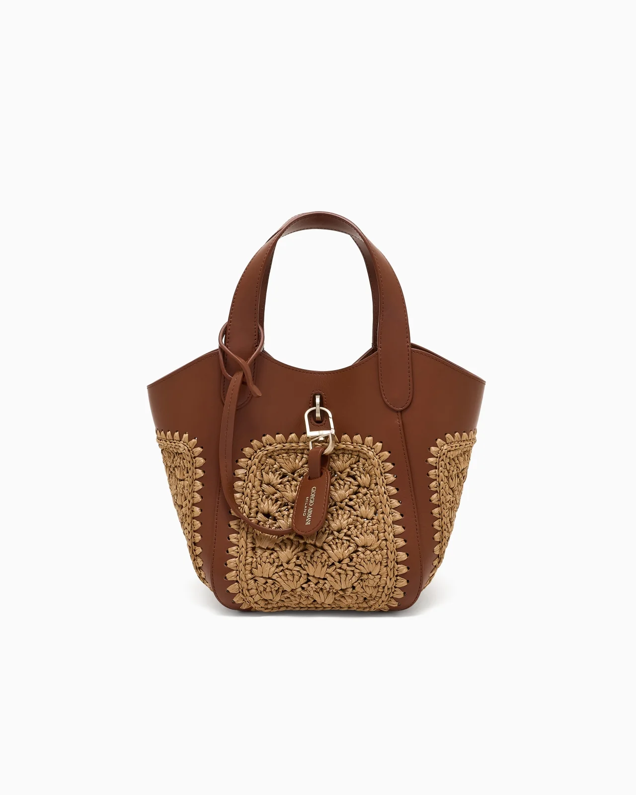 SMALL HANDBAG IN LEATHER AND FAN-STITCH RAFFIA - 1
