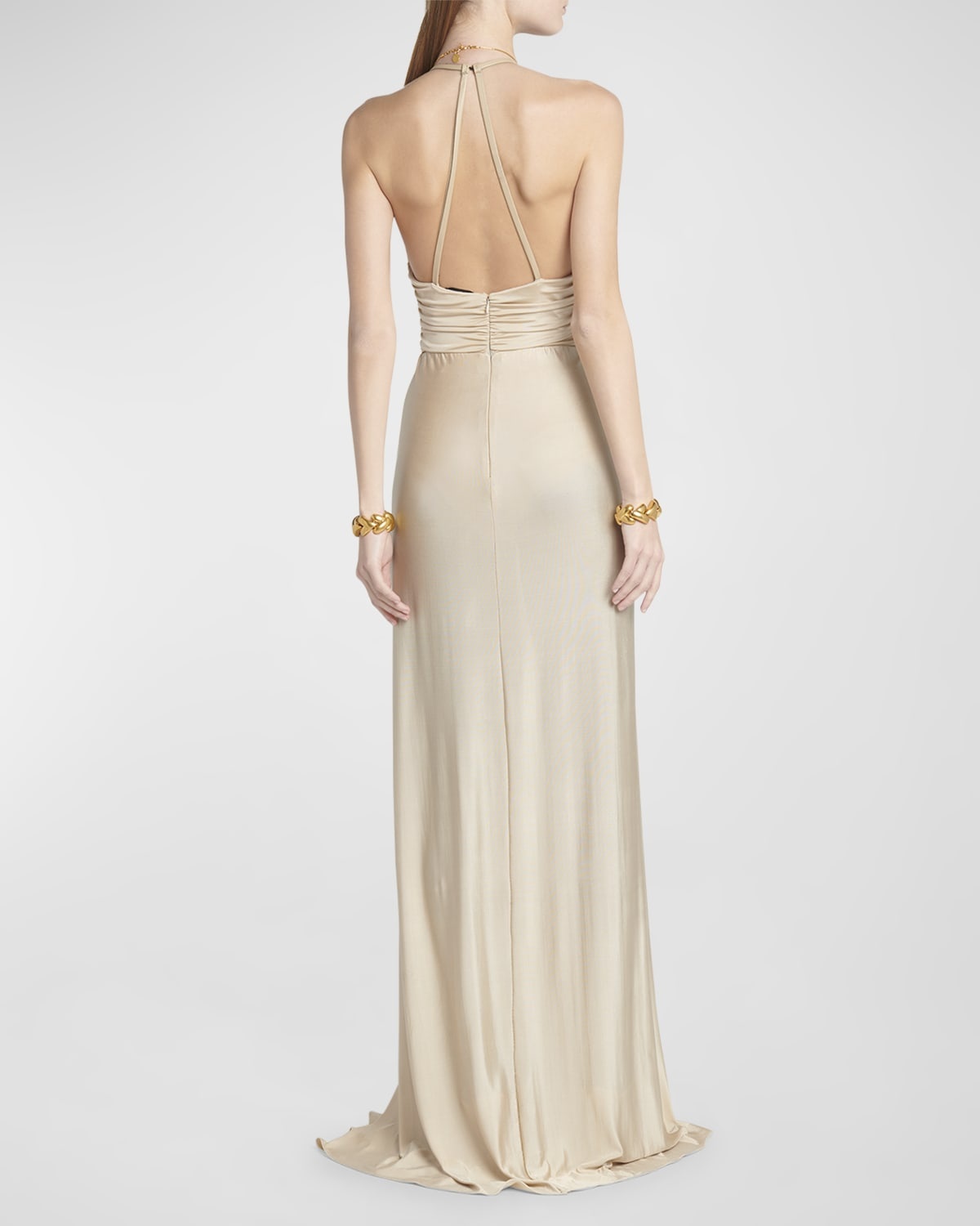 Plunging Ruched Fluid Jersey Slit Gown - 6