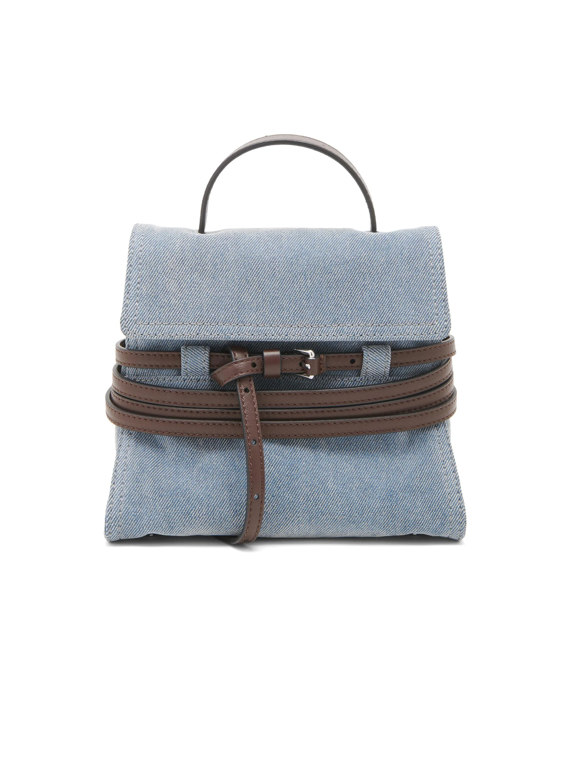 Women's Tie Me Flocked Denim-Leather Satchel - Sky Blue Dark Brown - 1