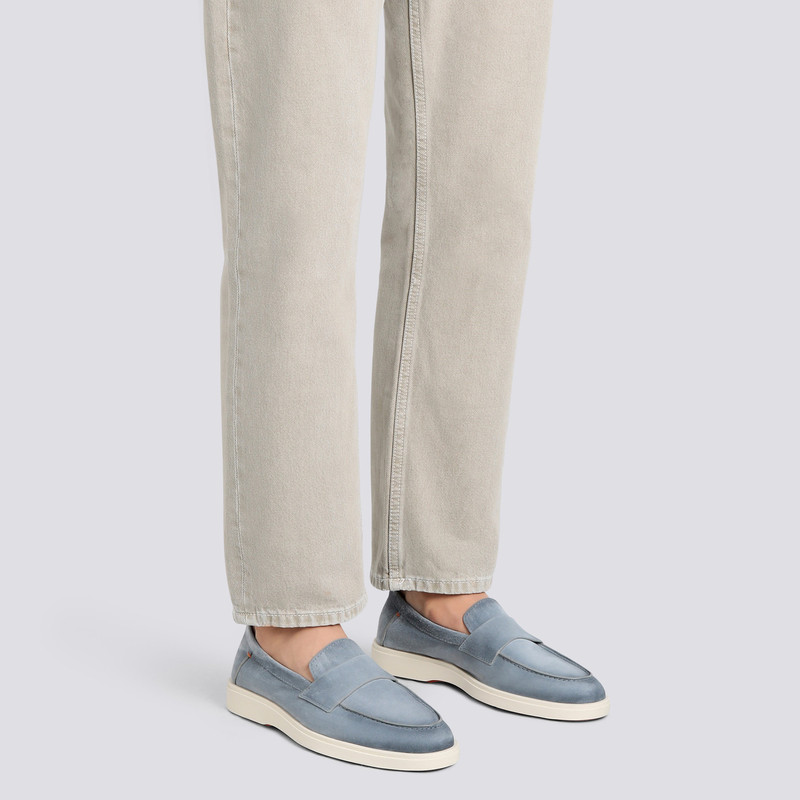 Santoni Men's light blue suede penny loafer outlook