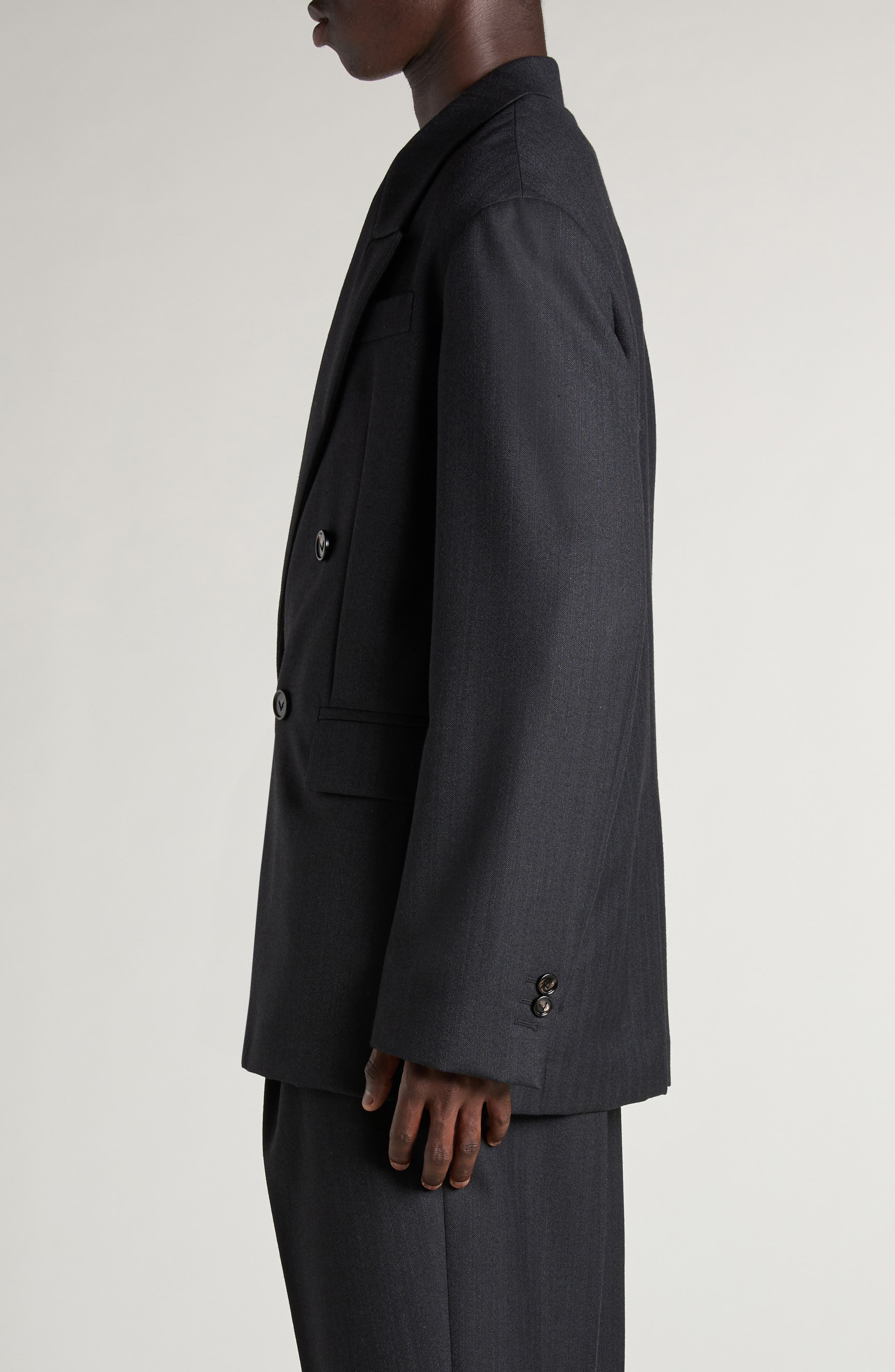 Bottega Veneta Double Breasted Subtle Stripe Wool Blazer in 1292 Black/Dark Blue at Nordstrom - 4