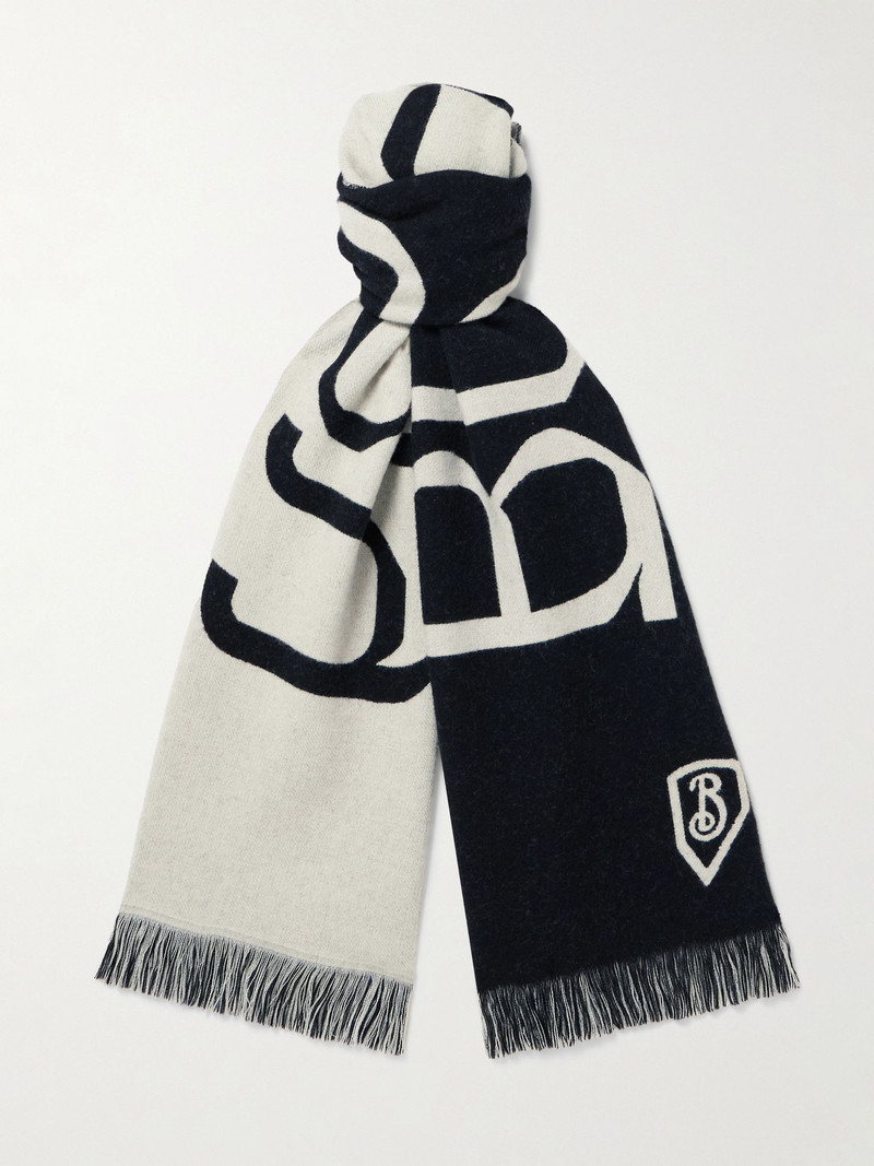 Fringed Logo-Jacquard Wool Scarf Black 1