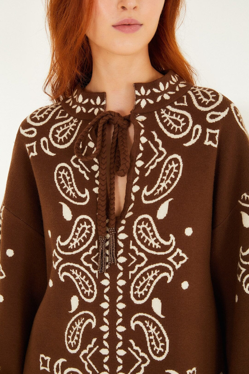 FARM RIO Brown Bohemian Paisley Beaded Rope Knit Sweater outlook