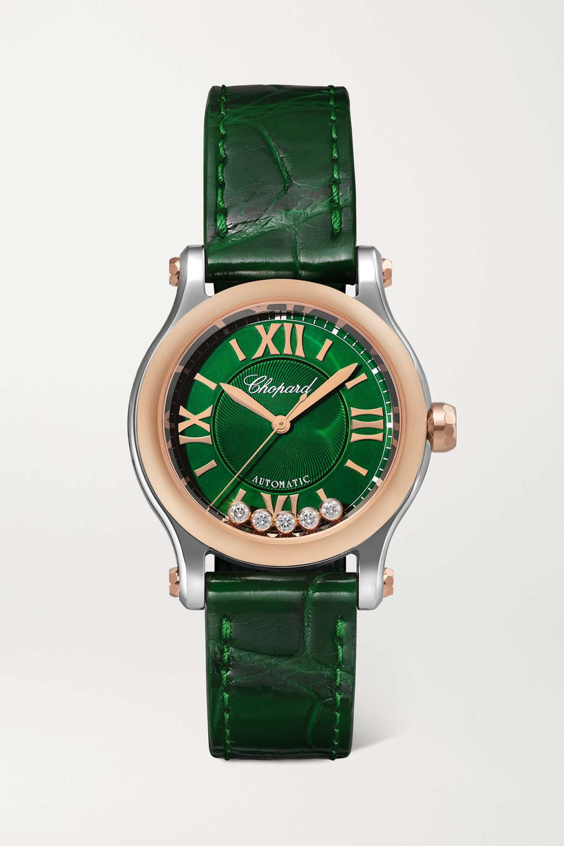 Happy Sport Automatic 30mm 18-karat rose gold, stainless steel, alligator and diamond watch - 1