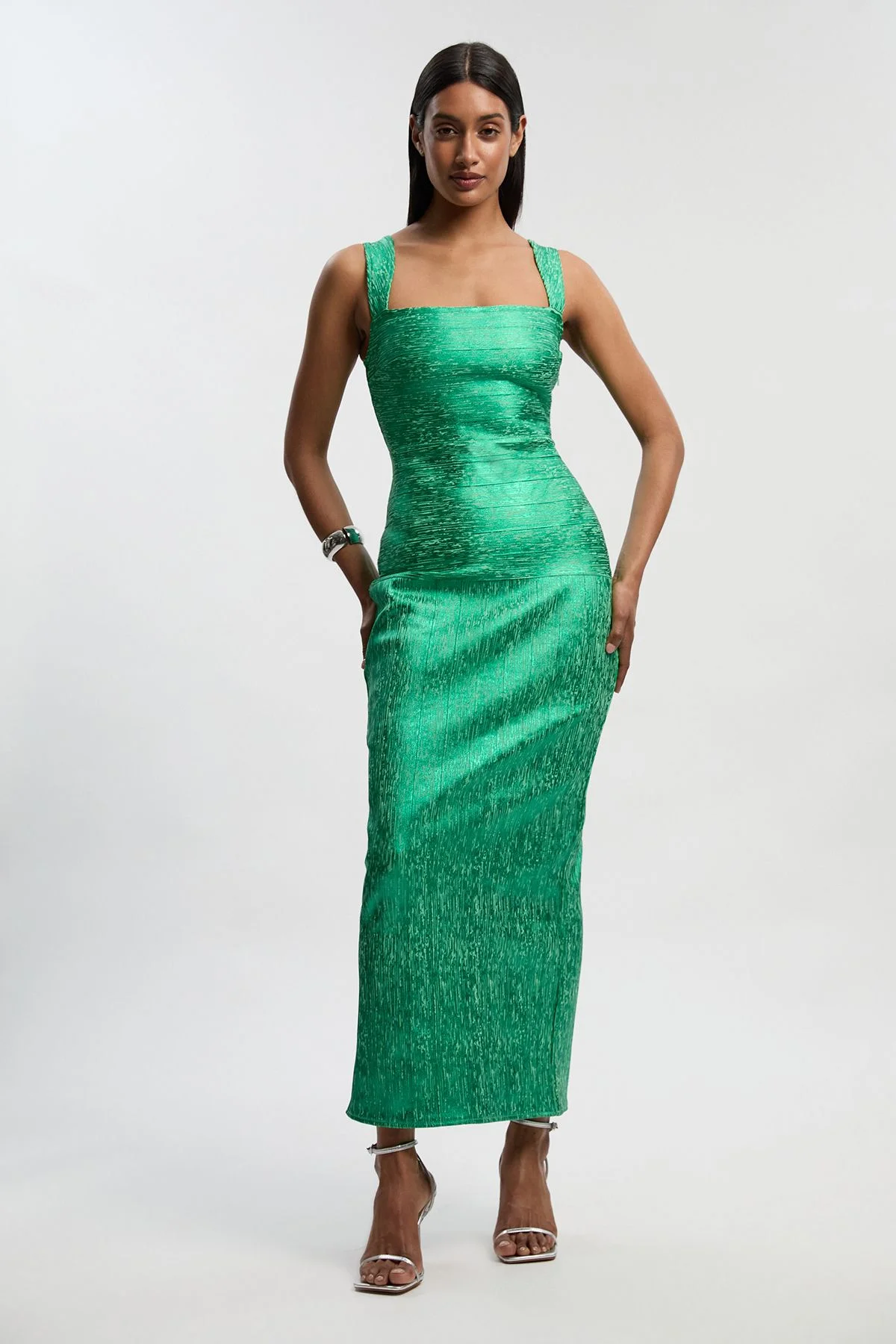 Petite Foil Metallic Figure Form Strappy Knit Maxi Dress - 1