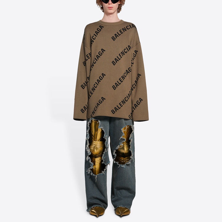 Balenciaga All Over Logo Crewneck Wool Knit Sweater 'Light Brown' 657401T32002900 - 6