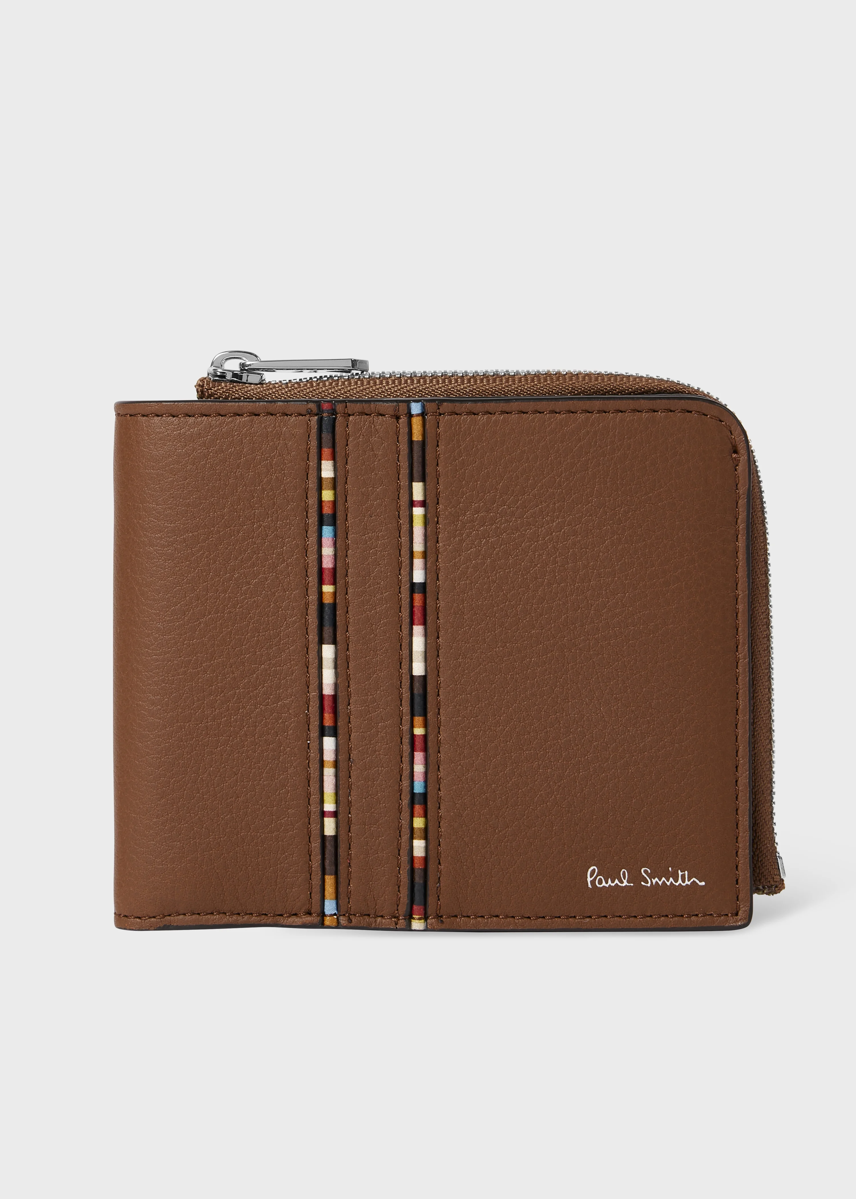 Tan Leather 'Signature Stripe' Piping Zip Billfold Wallet - 1