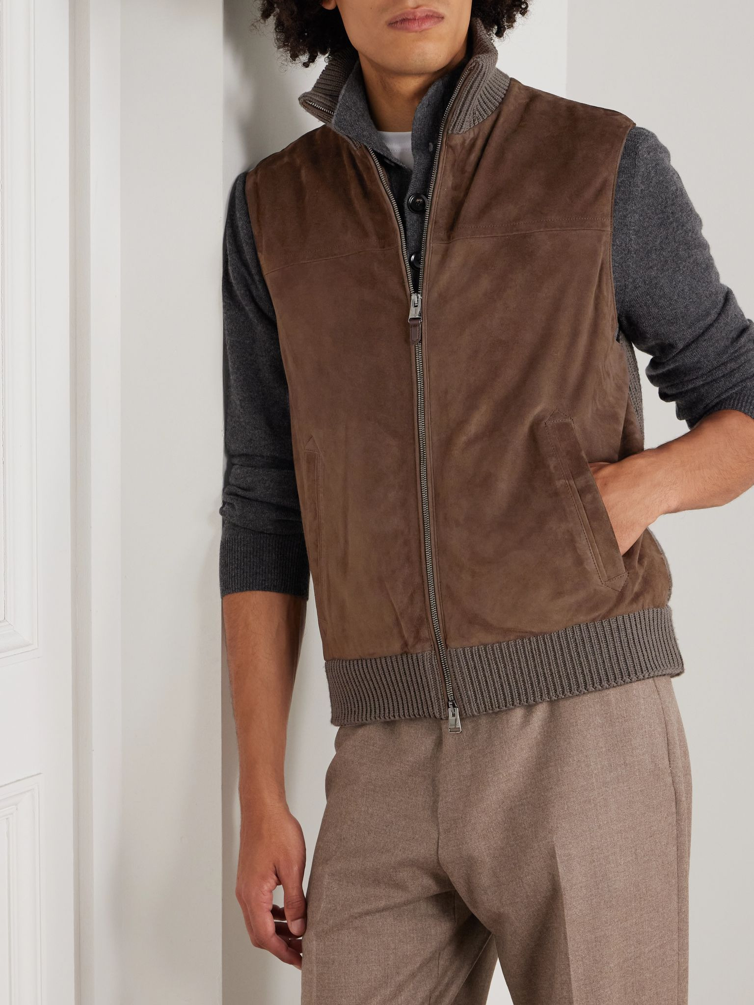 Padded Suede and Ribbed Wool Gilet Brown - 3