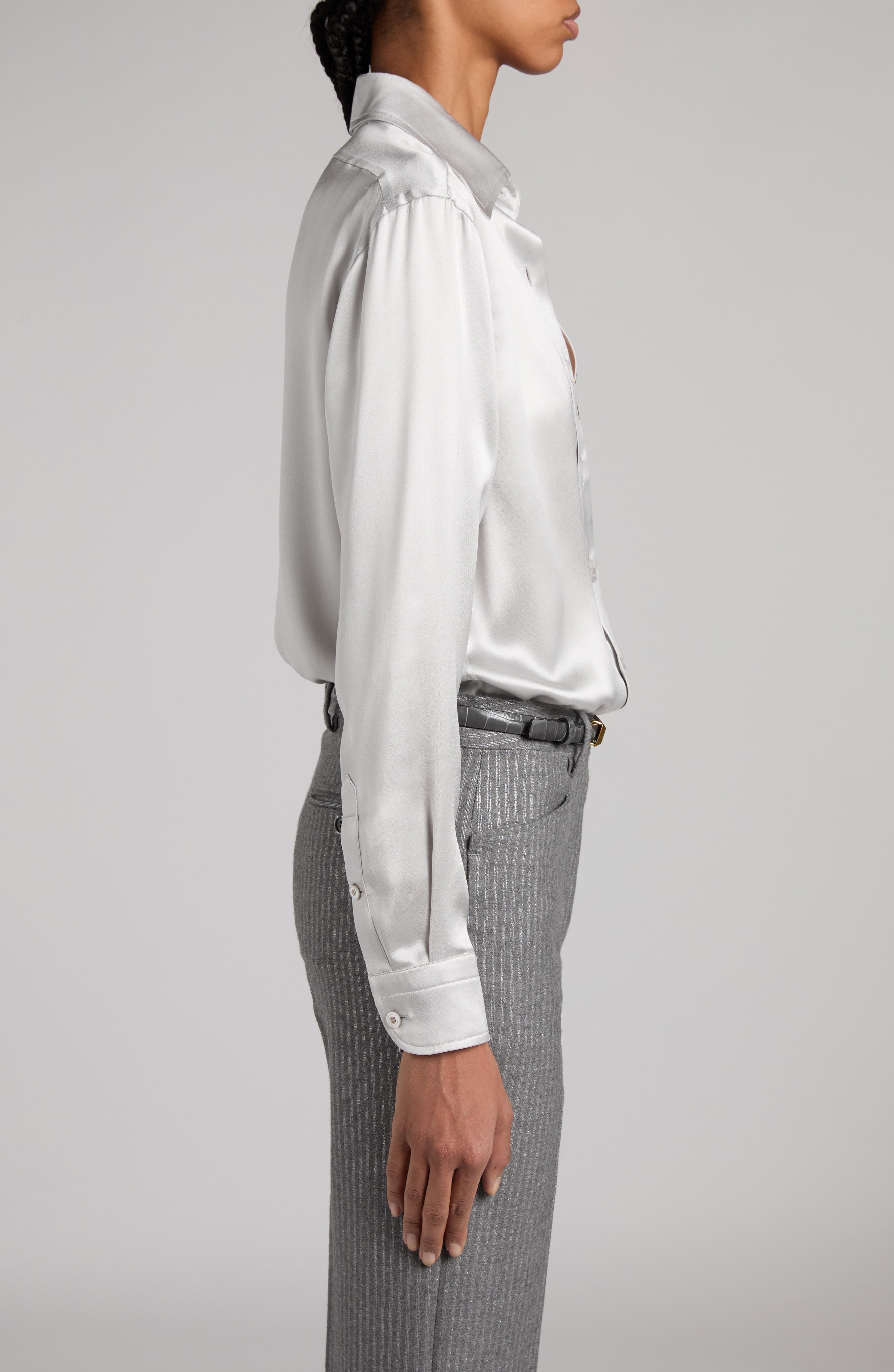 Pleated Silk Charmeuse Button-Up Shirt - 4