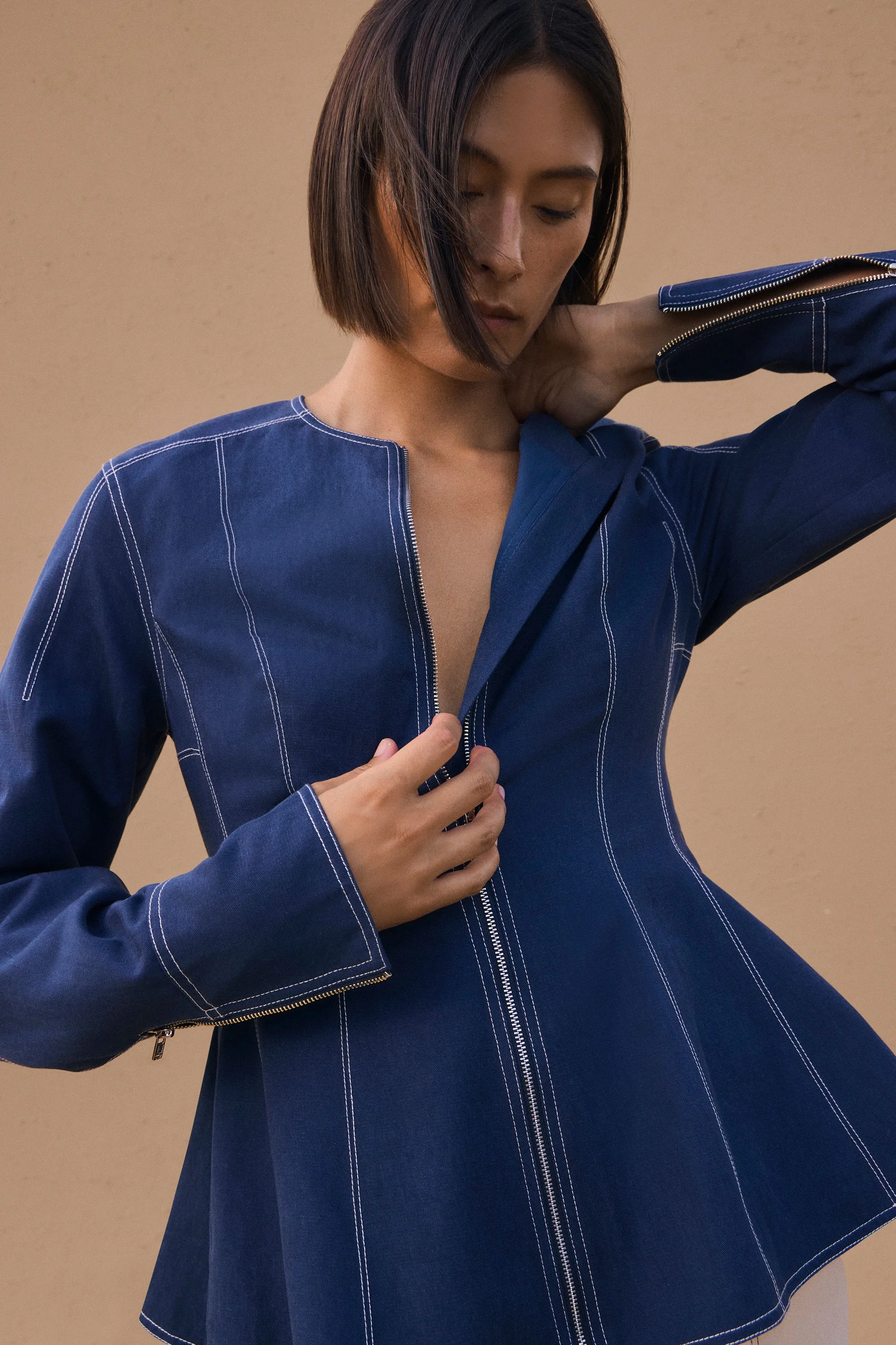 Tencel Cotton Contrast Stitch Zip Front Woven Jacket - 1