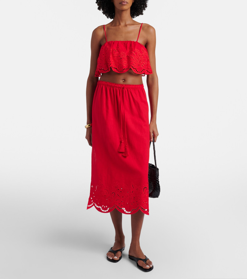 FARM RIO Broderie anglaise linen-blend midi skirt outlook