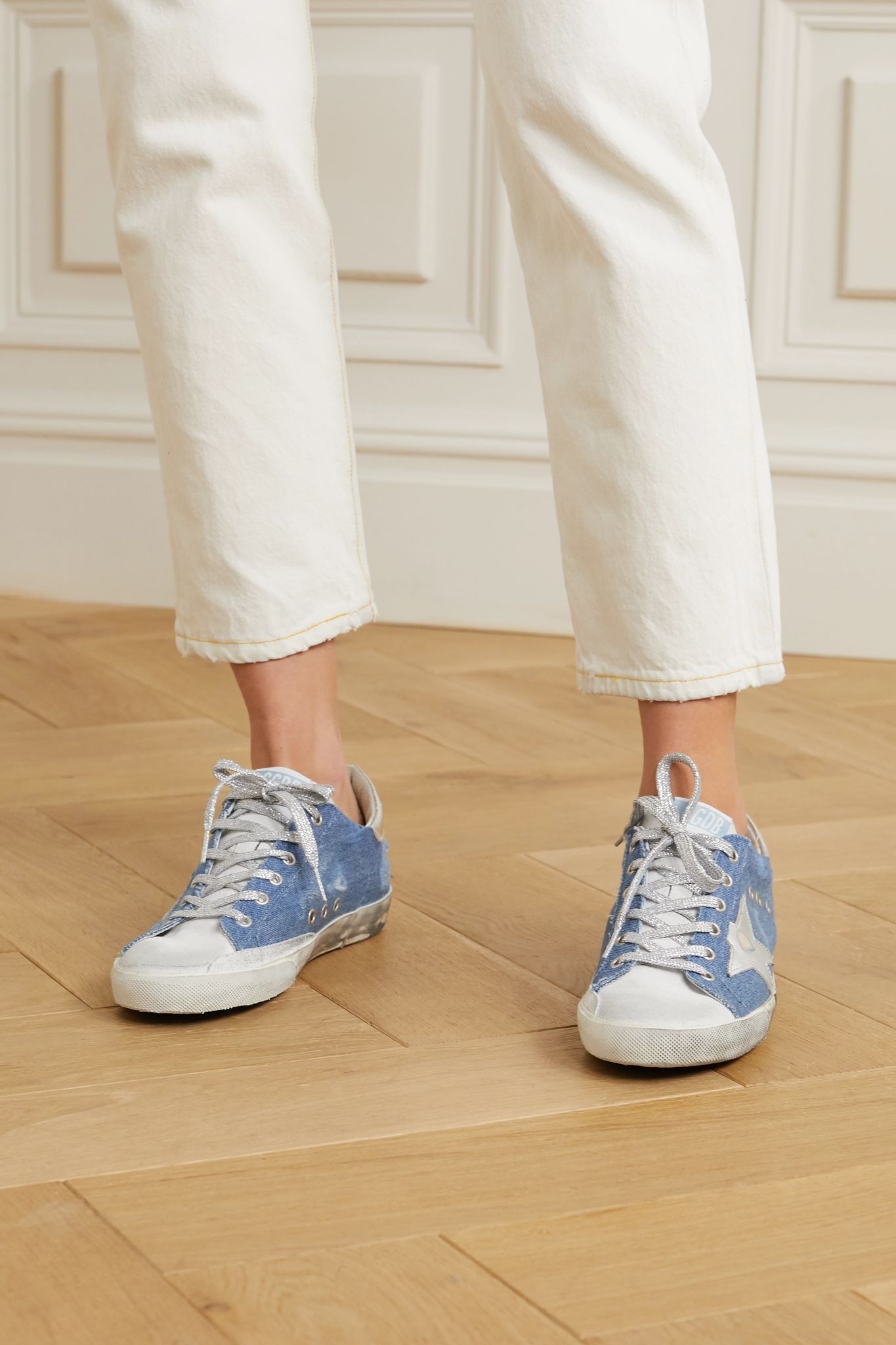 Superstar distressed denim and leather sneakers - 2