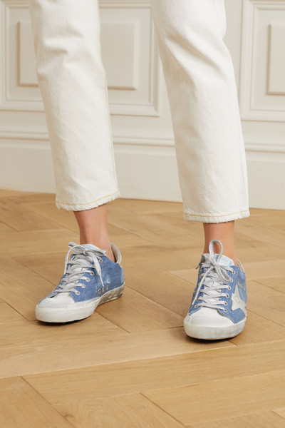 Golden Goose Superstar distressed denim and leather sneakers outlook