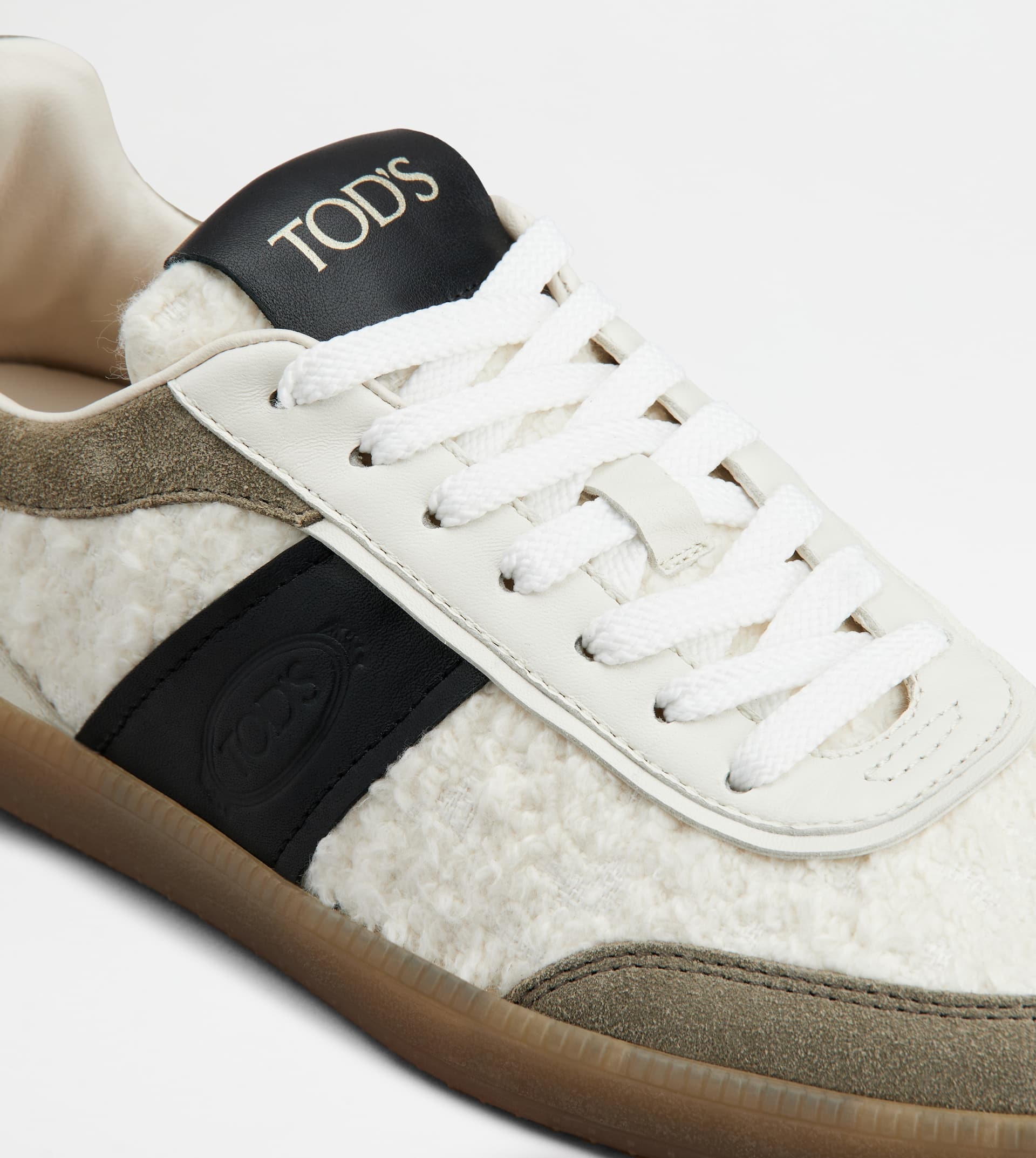 TOD'S TABS SNEAKERS IN LEATHER AND BOUCLÉ FABRIC - OFF WHITE, GREY, BLACK - 5