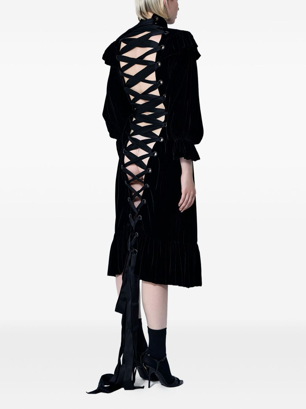 ruffled lace-up midi dress - 4