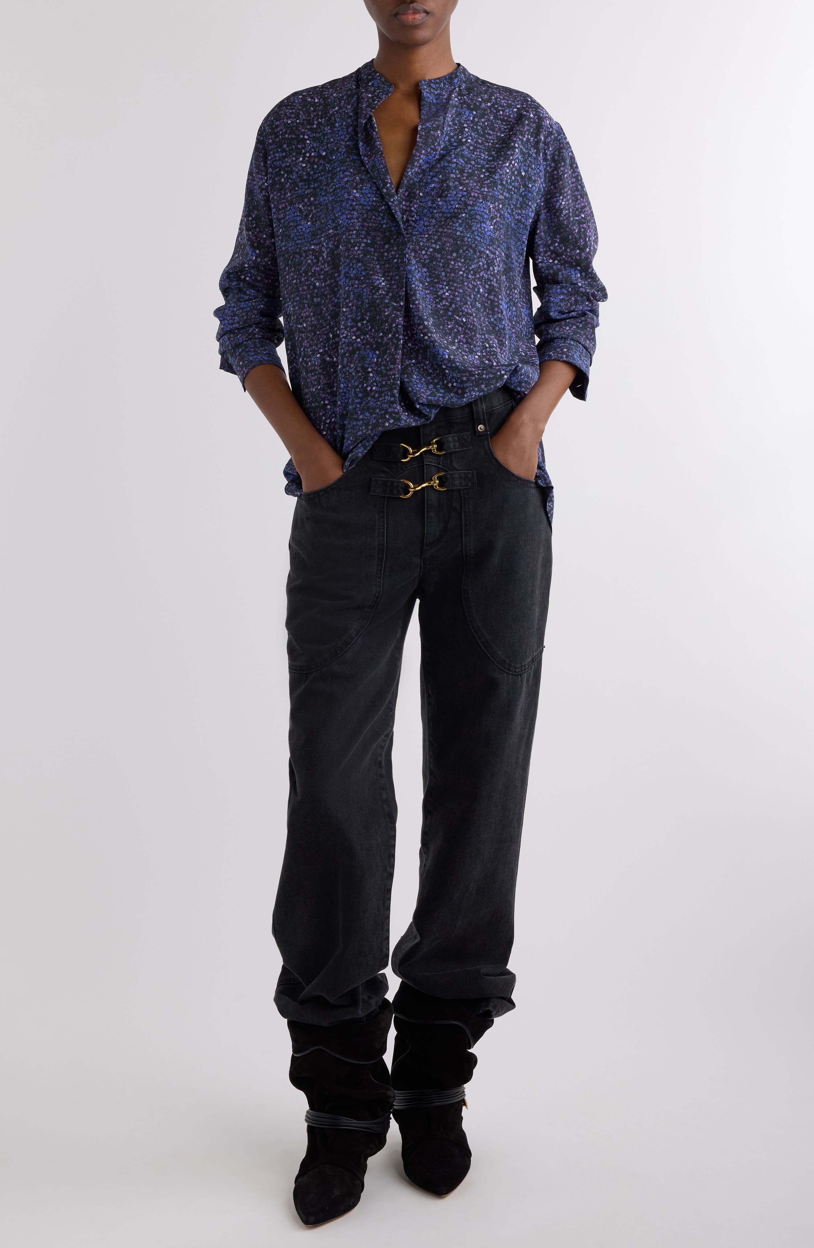 Isabel Marant Sima Mosaic Print Stretch Crepe Shirt in Midnight at Nordstrom - 2