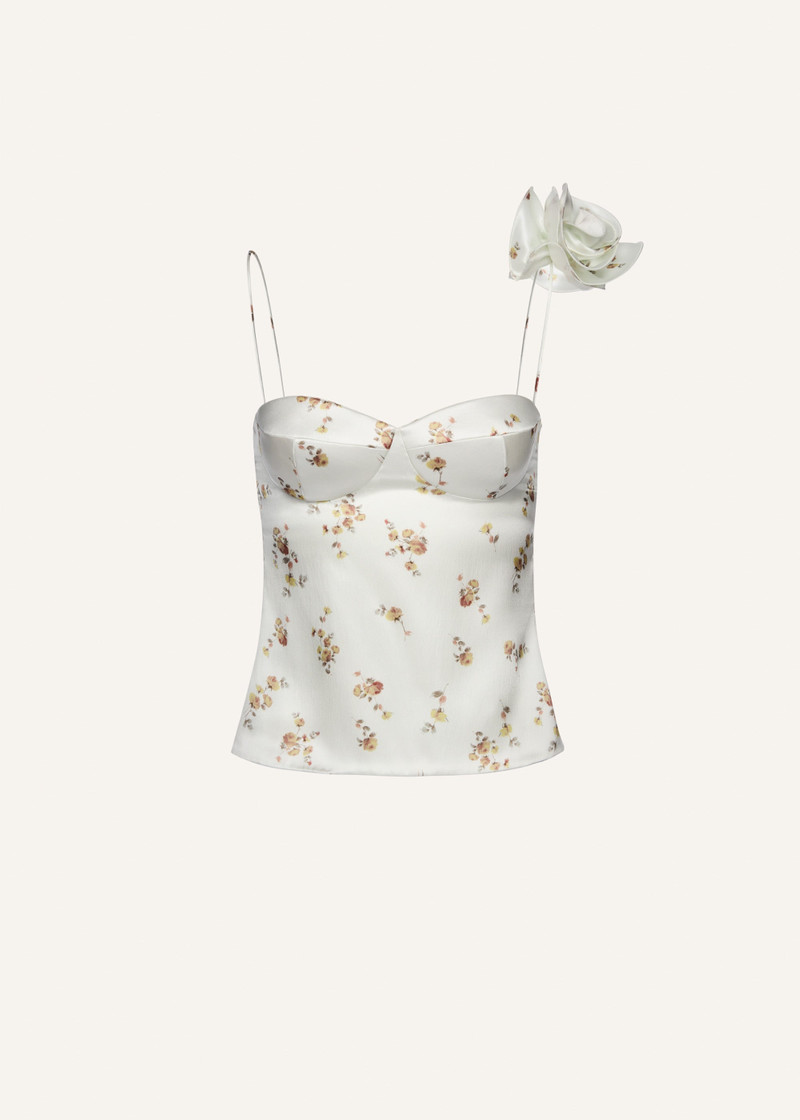 Flower appliqué silk tank in cream print 1