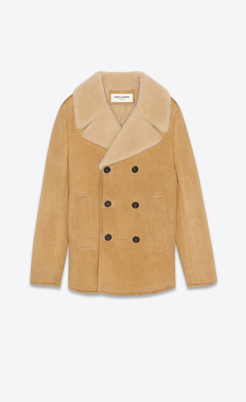 double-breasted pea coat in cracked suede and shearling 1