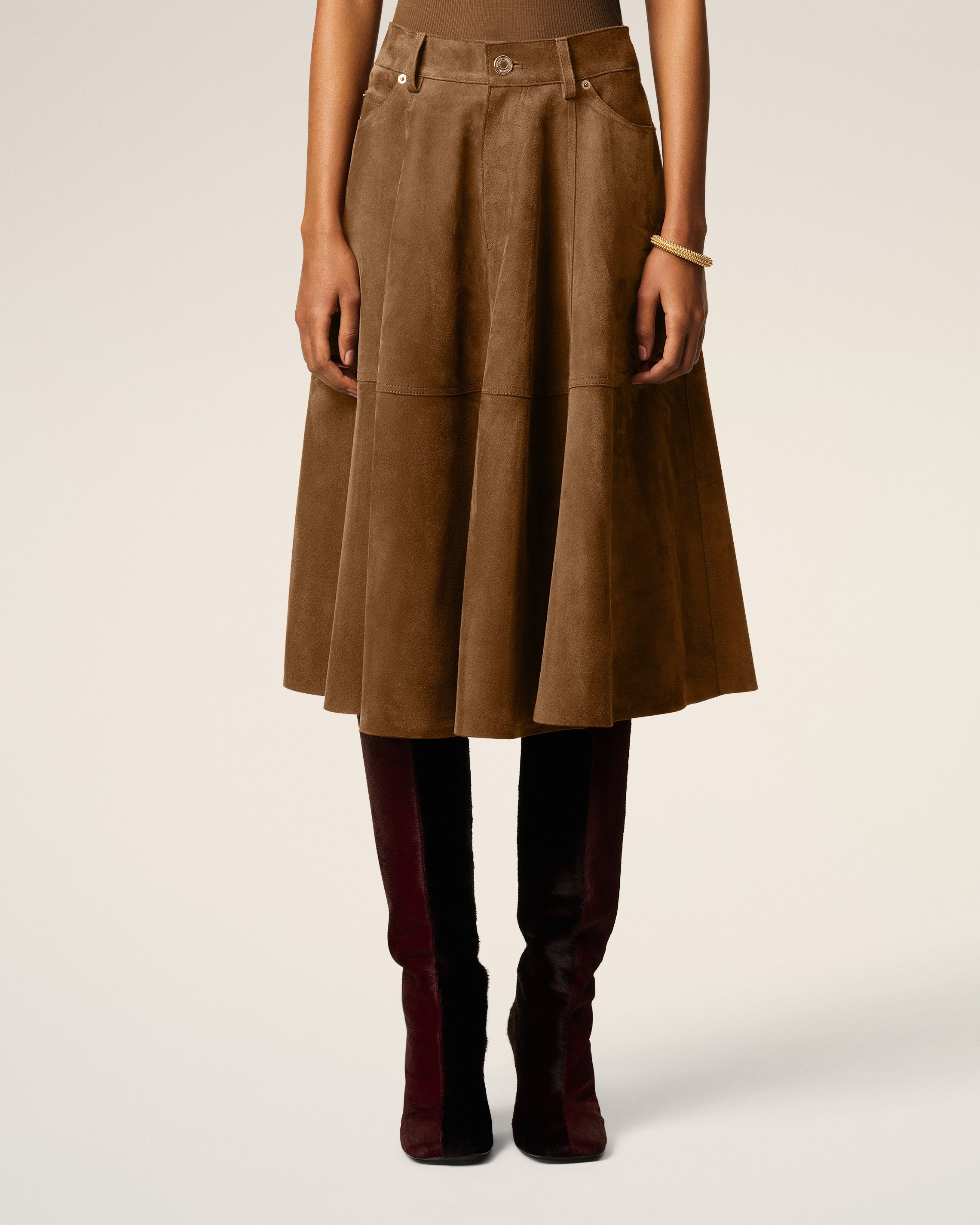 BROWN LEATHER MIDI SKIRT - 3